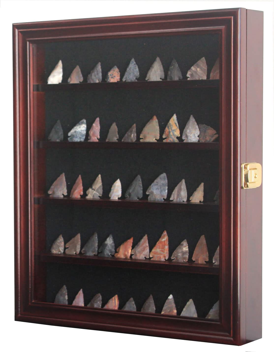 Arrowhead Display Case Native American Shadow Box Wall Mount Cabinet with UV Protection for Agate Opal Stone Arrowheads Spear Points (Mahogany Finish)