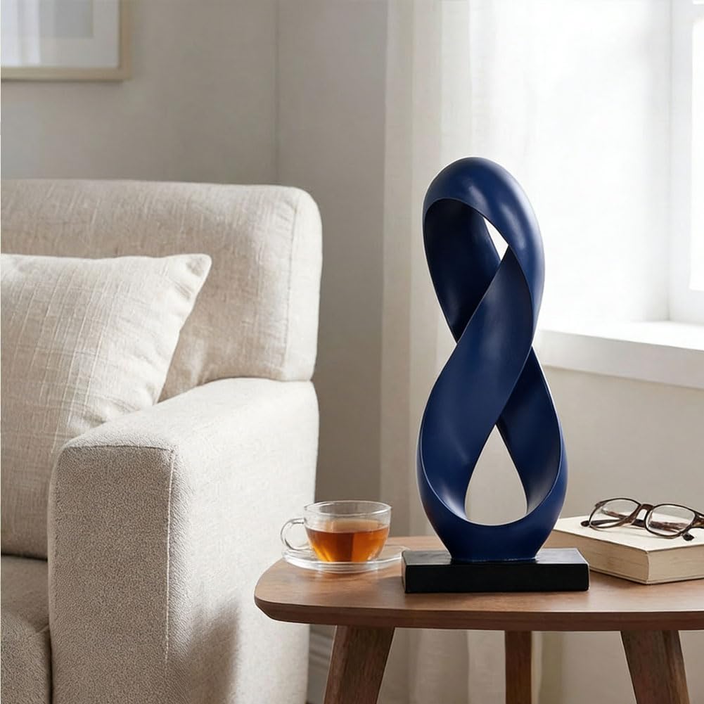 QIANLING 14.6" Tall Abstract Blue Knot Sculpture, Modern Resin Infinity Loop Statue, Modern Tabletop Decor for Coffee Table, Bookshelf, Mantel, Entryway, Living Room Office Accent Centerpiece