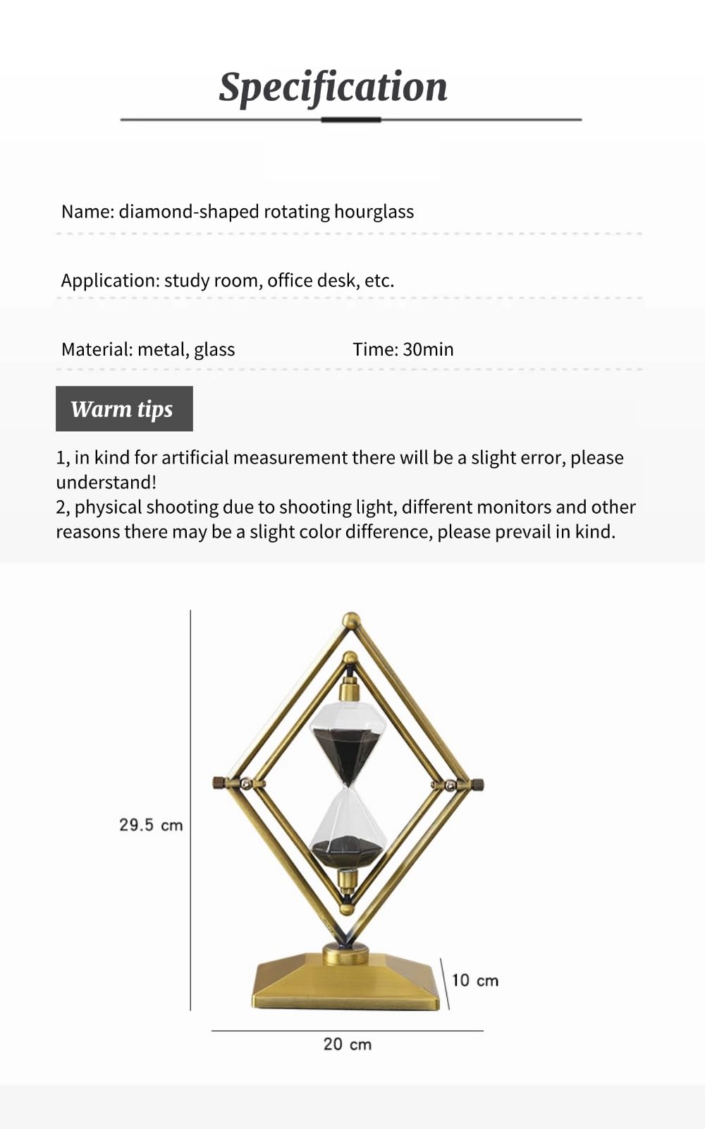 Hourglass 30 Minute Sand Timer, 720° Rotating Antique Sand Clock, Vintage Sand Min Reloj de Large Metal Half Hour Glass Sandglass for Office Desk Home Wedding