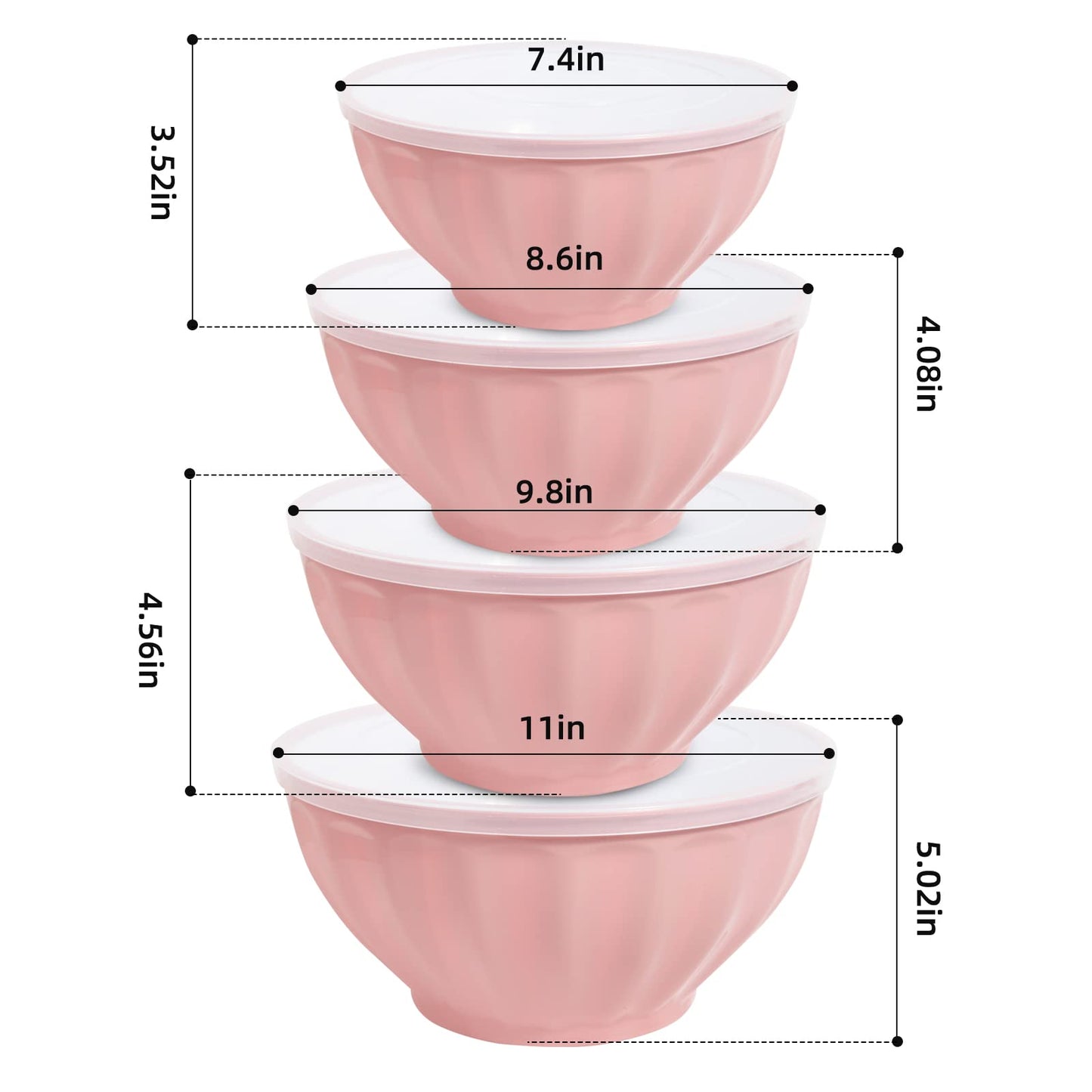 JCXivan Mixing Bowls with Lids Set,4 Piece Large Plastic Nesting Bowls,Includes 4 Microwave safe Mixing Bowl and An Egg Whisk for Kitchen Prepping,Baking,Cooking Food, Pink