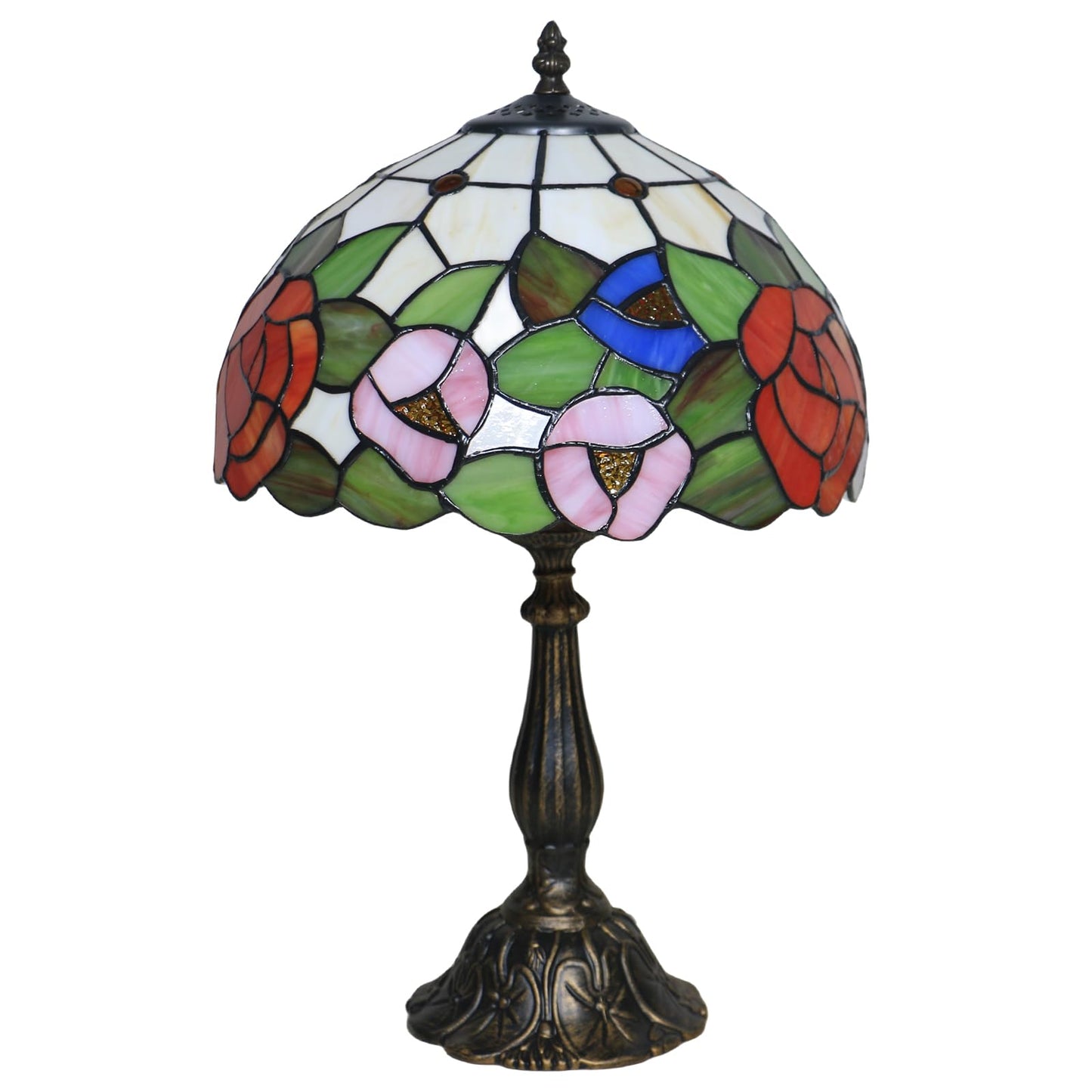 tuomoxte Tiffany Style Table Lamp, Stained Glass Bedside Lamp, Handmade Antique Desk Lamp, Red Rose Pattern, for Living Room Bedroom Home Office, Height 19 Inch, Width 12 Inch, Include LED Bulb