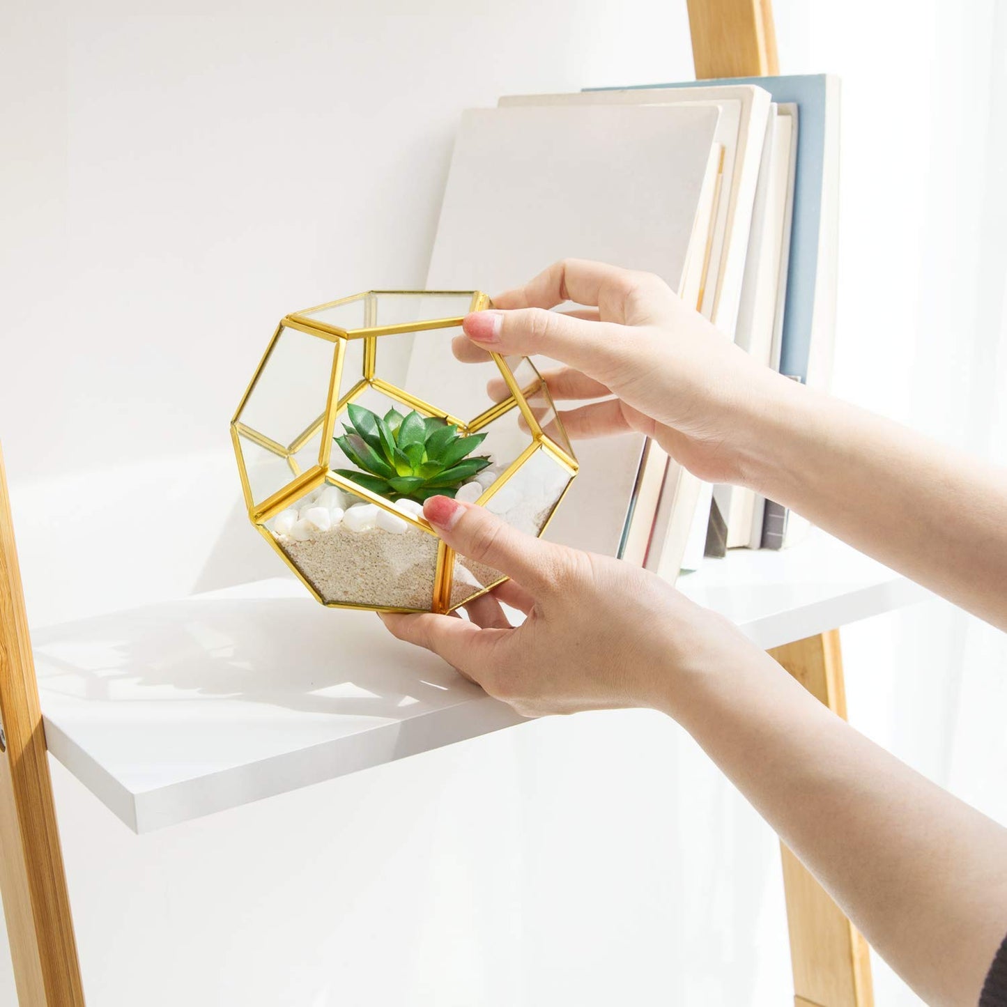 Mkono Artificial Succulent in 3 Pack Mini Glass Geometric Terrarium and Set of 3 Mini Potted Artificial Plants Faux Tabletop Greenery in Decorative Galvanized Metal Pots