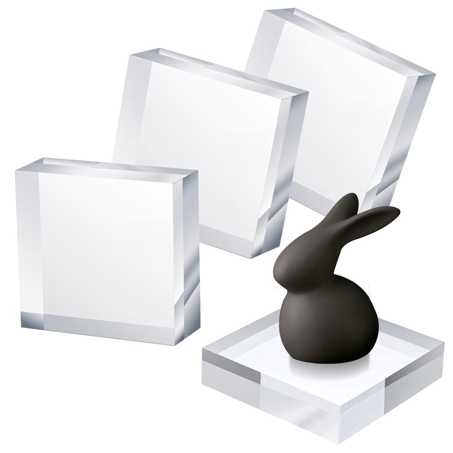Xaajooio 4 Pcs Acrylic Display Block, 4 x 4 x 1 Inch Clear Polished Square Cube Riser Pedestal Stand for Jewelry Rings Cake Perfume Ornaments Collection