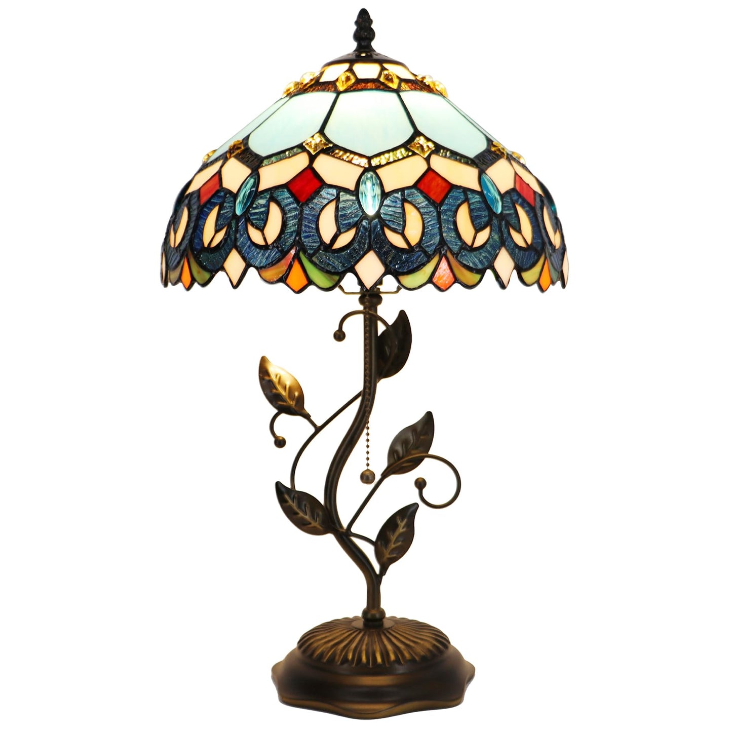 LXHCYOU Tiffany Table Lamp, Stained Glass Desk Light, W12H19 Inch, Metal Leaf Base (Sapphire Style)