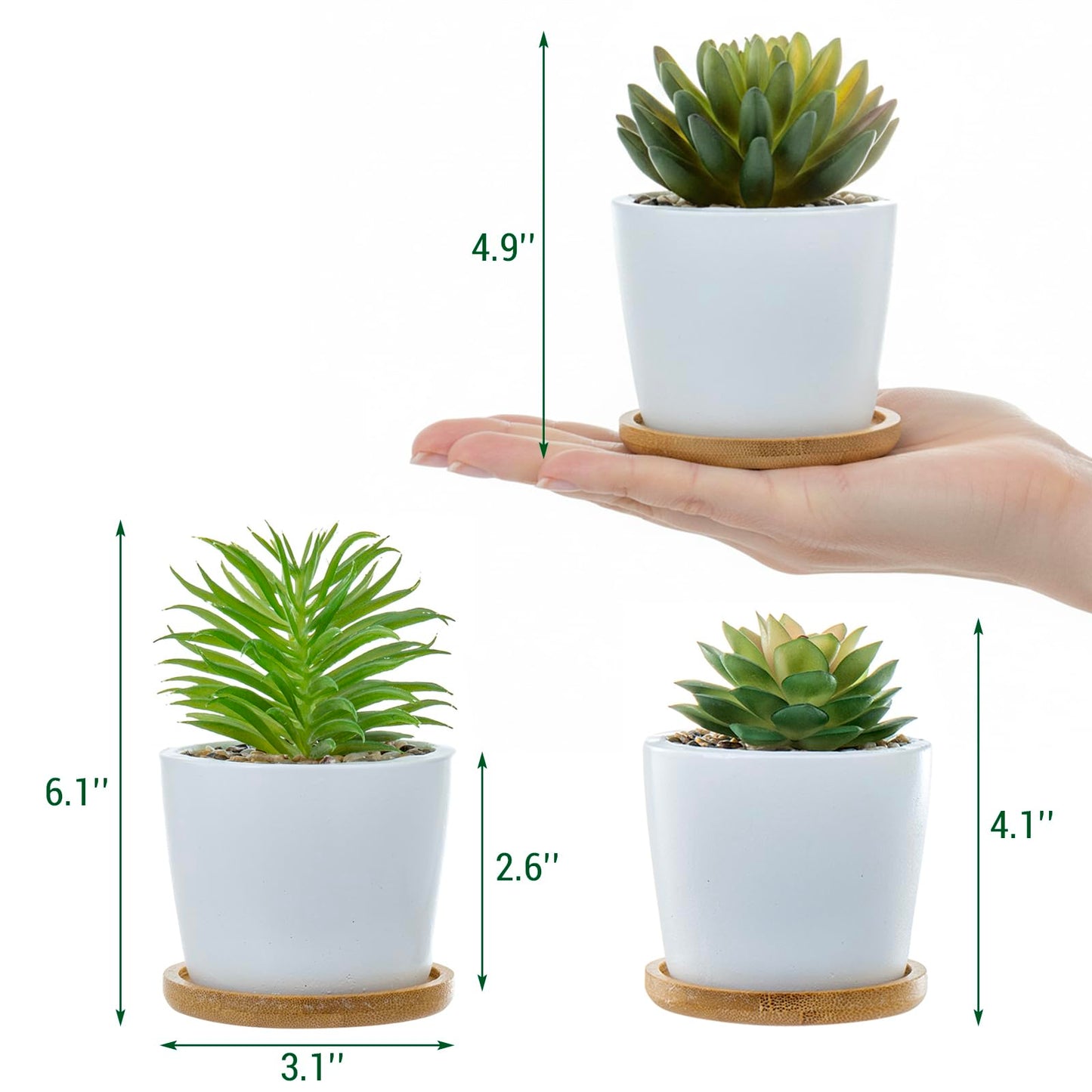MyGift Assorted Artificial Succulent Plants - Decorative Fake Desert Plants with Pebble Fillers in White Ceramic Pots with Bamboo Saucers, Set of 3
