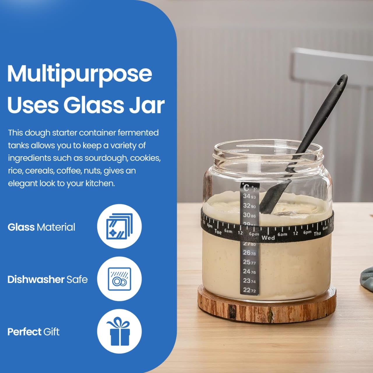 NETIX VERA Sourdough Starter Jar Kit - Pack of 2, 35oz Wide Mouth Glass Jars for Sourdough Starter with Date Marked Feeding Scale, Thermometer, Cloth Cover, Scraper & Wooden Lid, Sourdough Jars