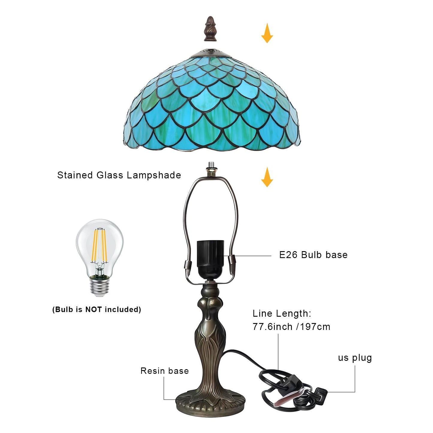 TFNALNB Tiffany Table Lamp, Stained Glass Blue Green Dragon Scale Lamp,Metal Leaf Base Decor Lamp, 12x12x19 Inch for Bedroom, Living Room, Home, Office