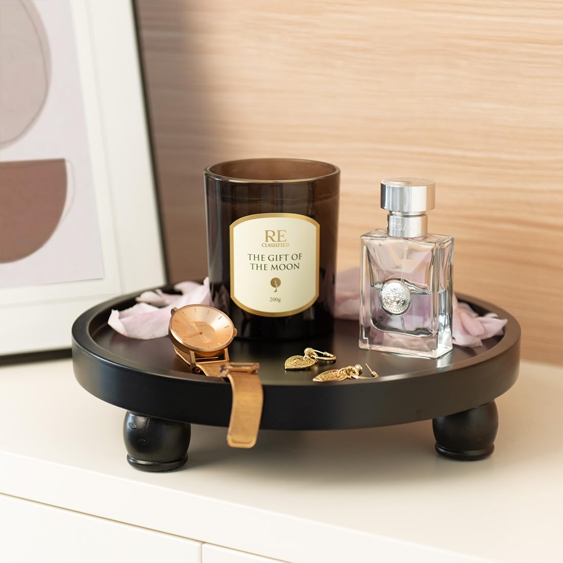 ROSE BLOOM 10 Inch Modern Wood Riser for Display, Farmhouse Pedestal Stand for Bathroom Counter, Kitchen Round Display Tray, Waterproof Organizer for Soap Home Decor (Black)