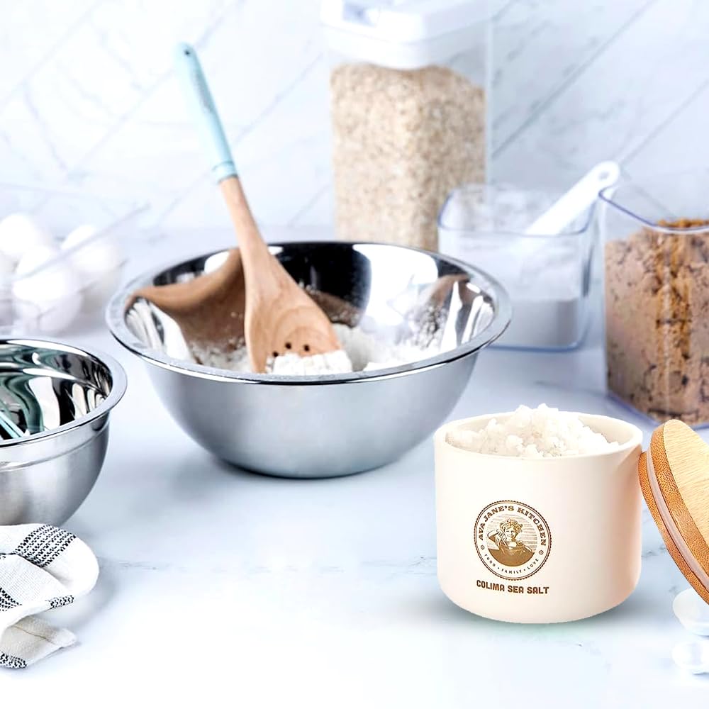 AVA JANE’S KITCHEN Salt Cellar - Colima Sea Salt Container with Lid Elegant Kitchen Salt Holder - Salt Jar with Cover Perfect for Keeping Table Salt, Spice, Gourmet Salt and Salt Pot