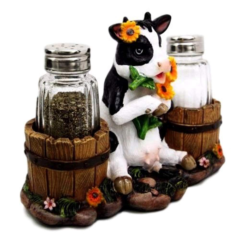 Ebros Set Of 2 Sunflower Bovine Cow With Two Country Barrels Decorative Glass Salt And Pepper Shakers Holder Resin Figurine Milking Cow Country Barrel Statue Kitchen Decor