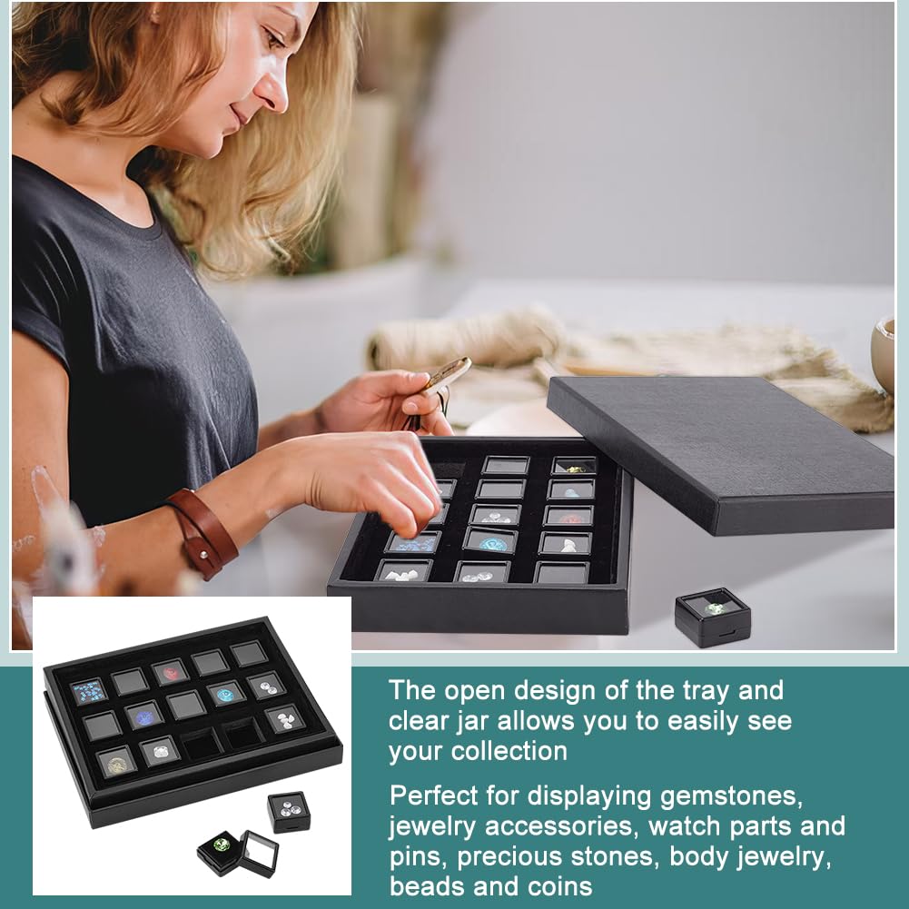 PH PandaHall Gemstone Display Boxes, Black Plastic Gem Box Loose Diamond Conrainers Jewelry Holder with 1.16" 15pcs Small Black Square Storage Box with Sponge for Small Item, Gems, Diamonds