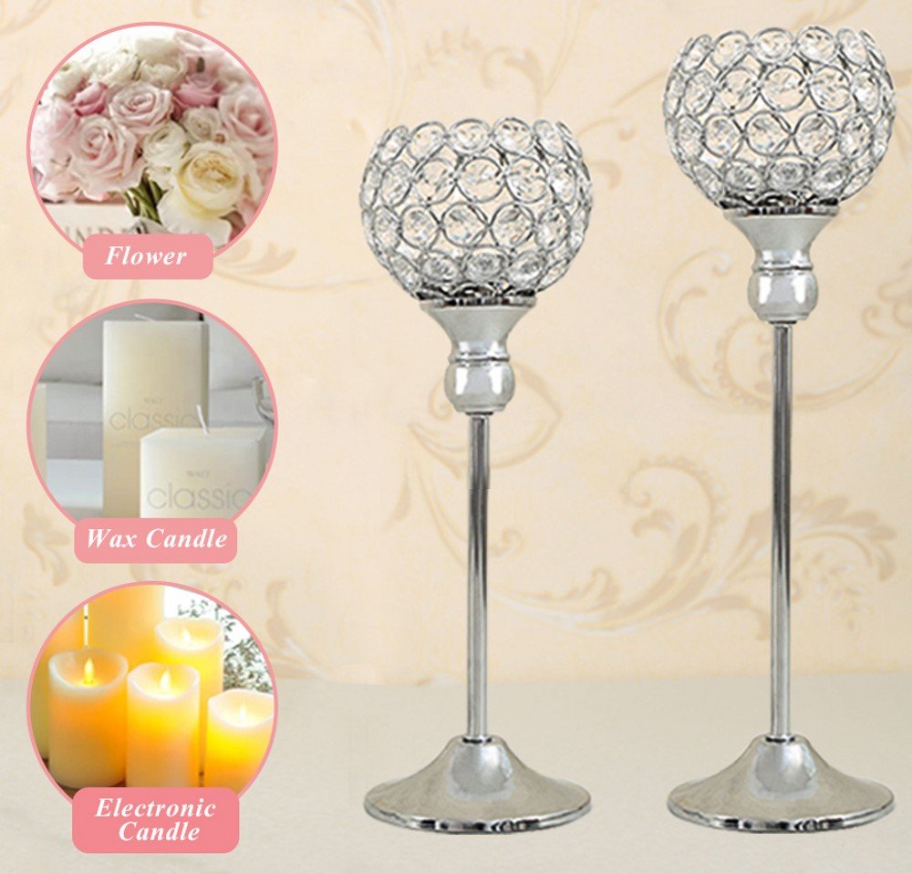 VINCIGANT Silver Crystal Votive Candle Holders Set of 2 for Table Centerpieces, Wedding Dinning Room Table Tealight Candle Stand,Christmas Housewarmin