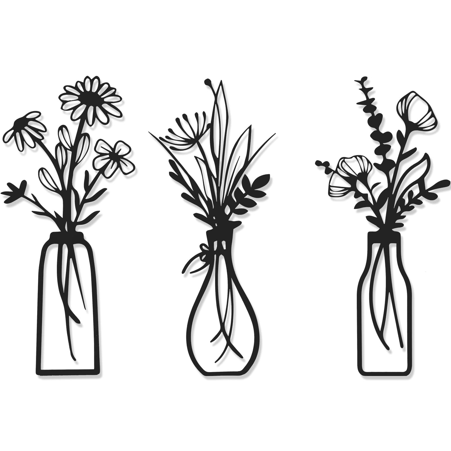 AMAATE 3Pcs Black Iron Floral Vase Wall Sculptures Minimalist Home Decor