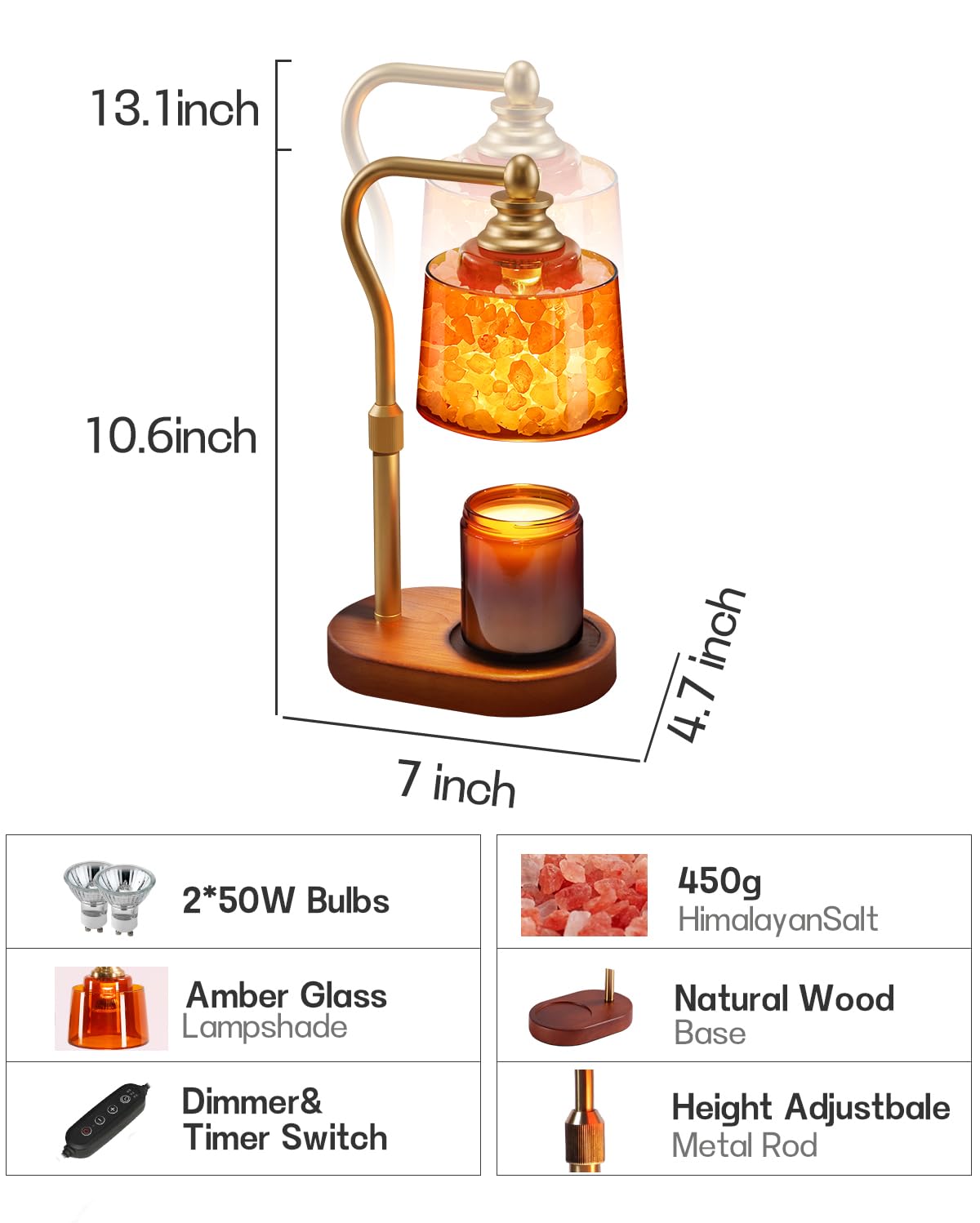 CaHomet 3-in-1 Candle Warmer Lamp with Timer Dimmable, Himalayan Salt Lamp & Passive Diffuser, Gifts for Women, House Warming Gifts, Wax Melt Warmer for Jar Candles (Gold)