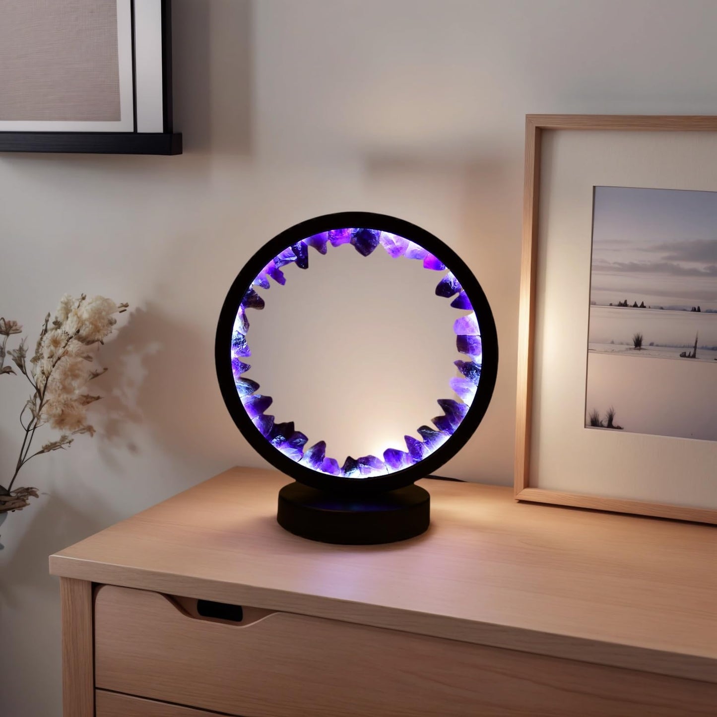 RUIJINGYUAN Natural Amethyst Night Light - 7.9" Healing Crystal Lamp, USB Powered, 3 Light Modes with Dimming Function, Bedside Lamp, Suitable for Bedroom, Living Room Furniture Decoration Gift