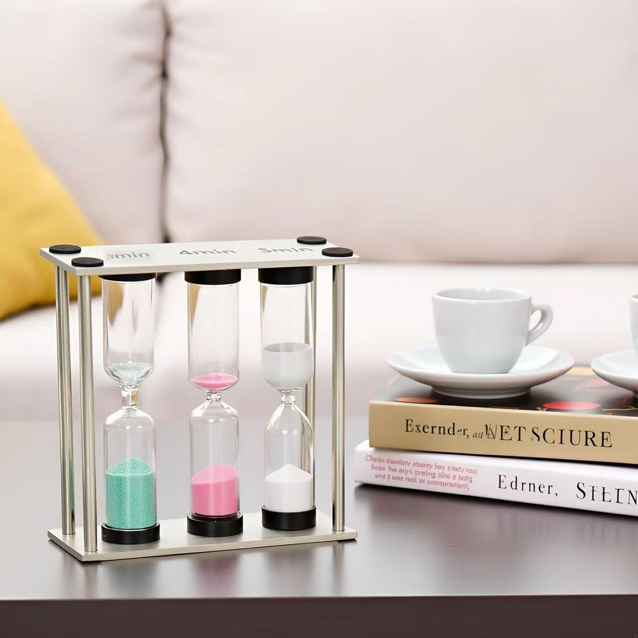 Small 3-in-1 Sand Timer, 3 inch Hourglass with Brushed Stainless Steel Frame, 3 4 5 Minute Kitchen Tea Coffee Cooking Timer, Desk Productivity Tool & Decorative Office Gift Family or Friends Present