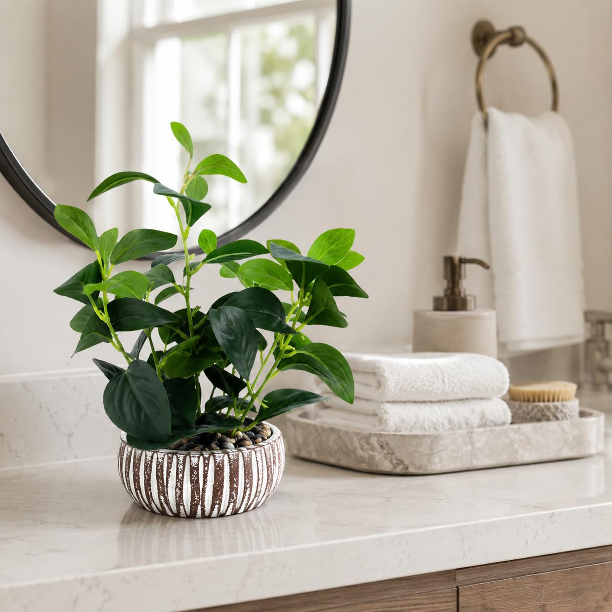 FLRLIVING Artificial Potted Plants Life-Like Fake Plant with Farmhouse-Style Cement Planter Feturing Light Wood Tone for Room Bathroom Bedroom Kitchen Office Dese Coffee Table Décor (12.8inch)