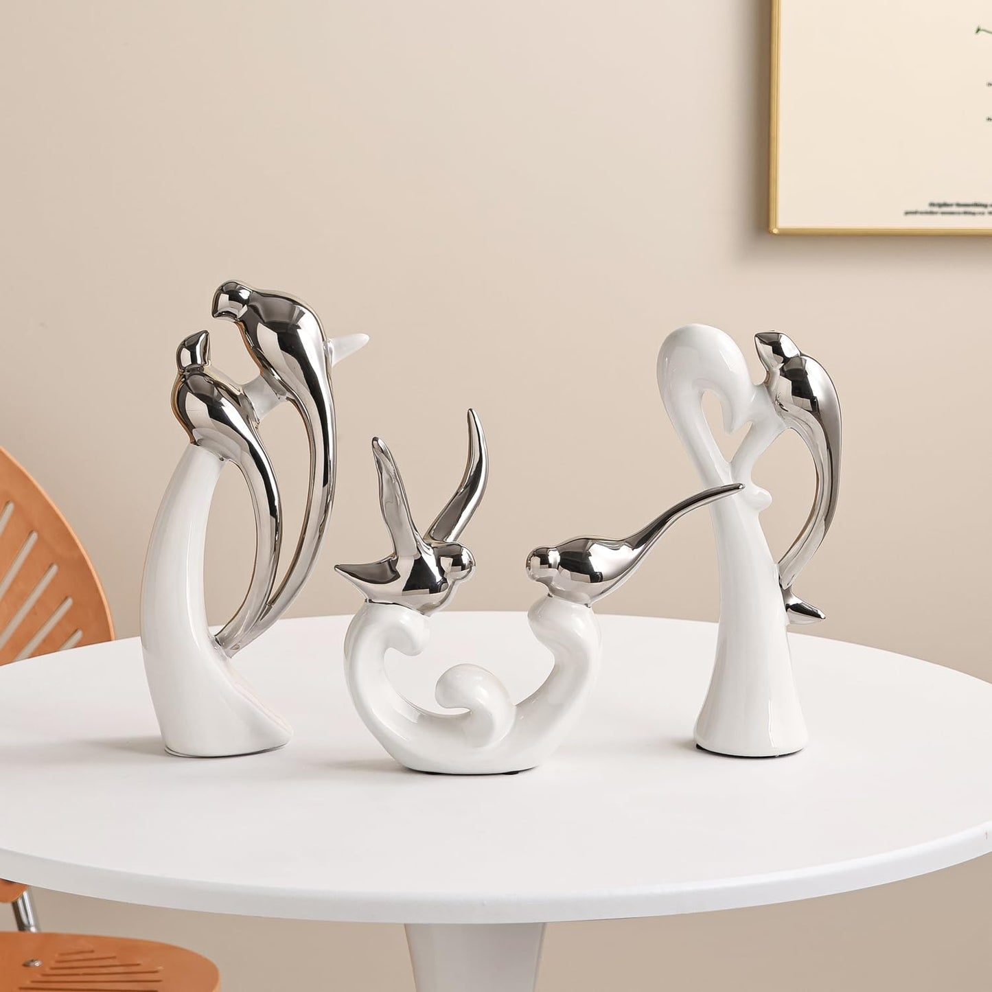 Dneuoir Ceramic Statues Set of 3, Birds and Base Sculpture Modern Home Decor Aesthetic Abstract Decorative Statue for Living Room Bedroom Bookshelf Dining Table Centerpiece Office (White and Silver)
