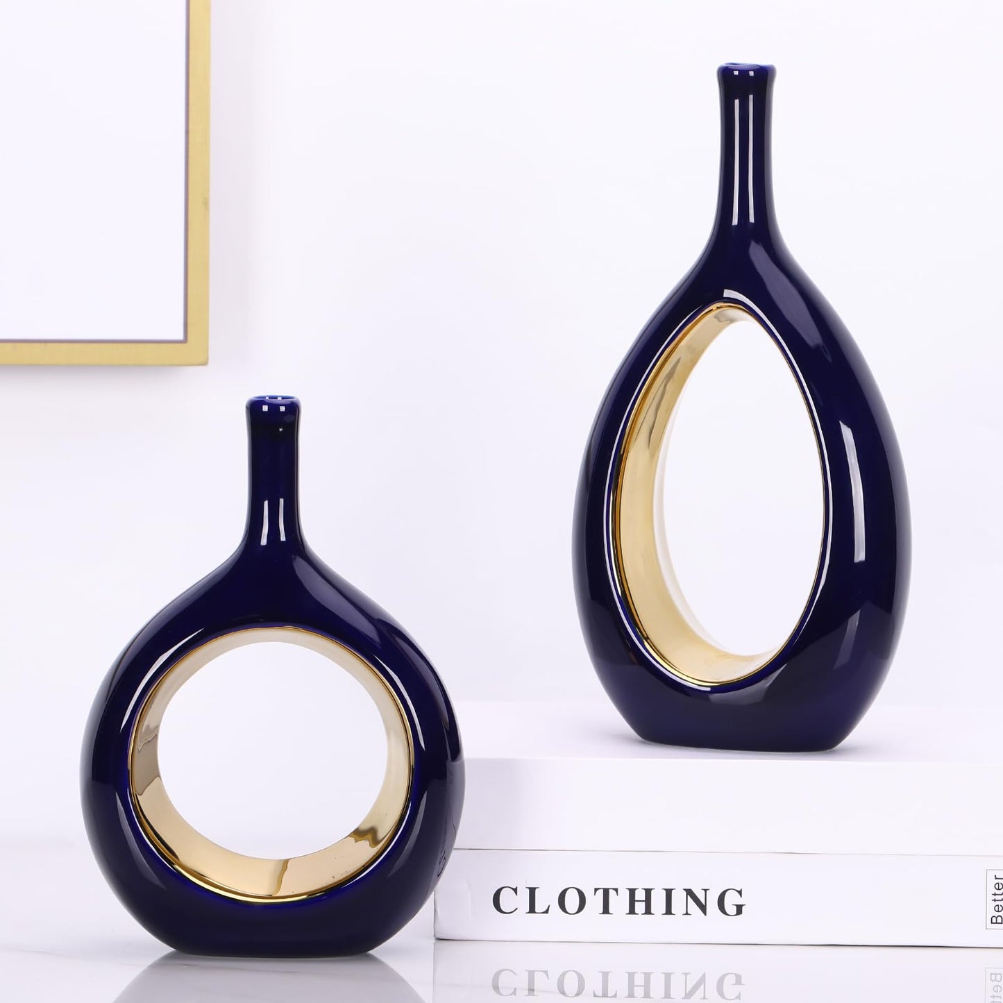 Blue and Gold Vase Ceramic Blue Vases Home Decor,Modern Minimalist Circle with Hole Decorative Vase, Hollow Ellipse Flower vases for Bookshelf, Fireplace Mantle, Centerpieces,Farmhouse,Rustic Décor