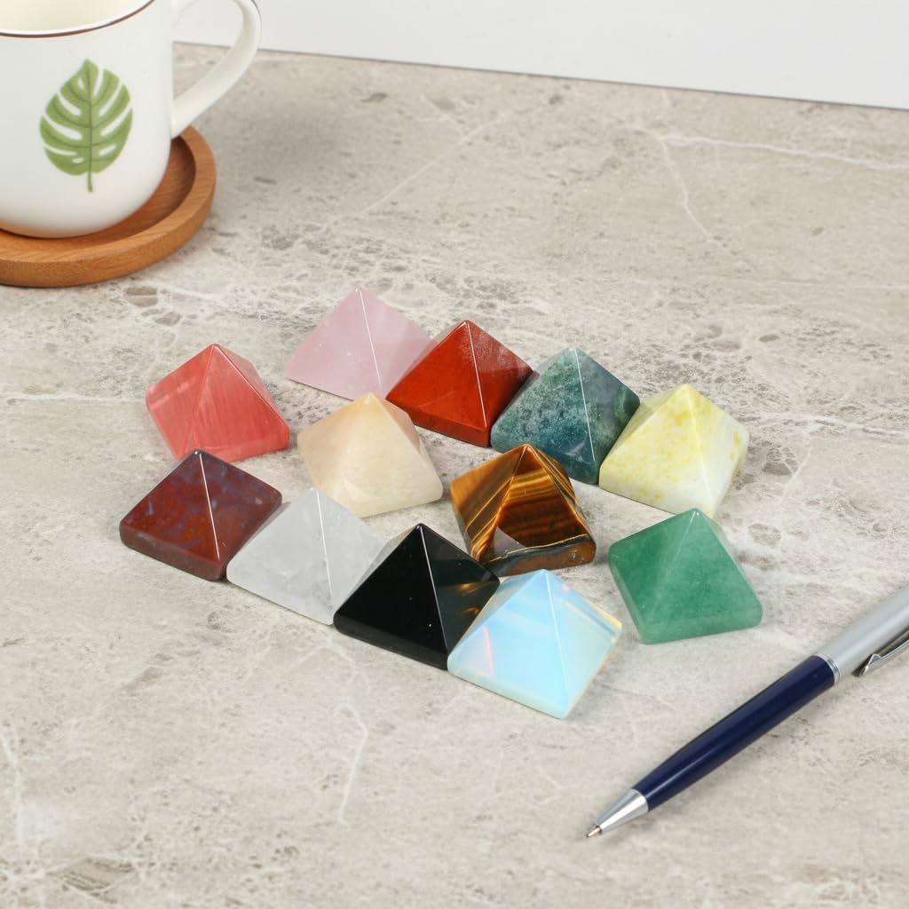12 PCS Natural Chakra Crystal Pyramid Set – Opalite/Rose Quartz/Topaz/Obsidian Healing Crystals, Small Pyramids for Meditation, Energy Balancing, Reiki, Home Decoration