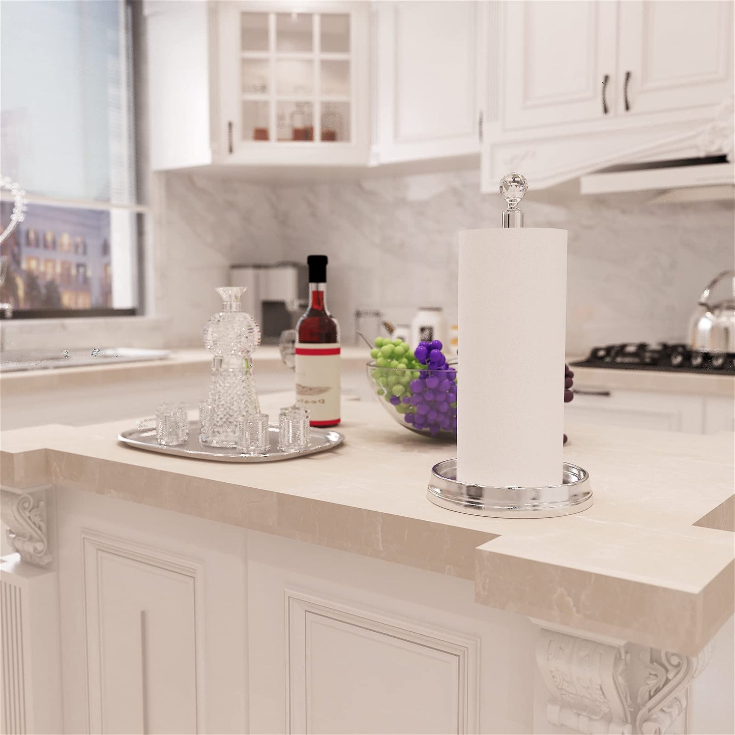 KASUNTO Crystal Ball Paper Towel Holder - Steel Stand for Countertops & Tables, Fits Standard & Jumbo Rolls, Polished Chrome