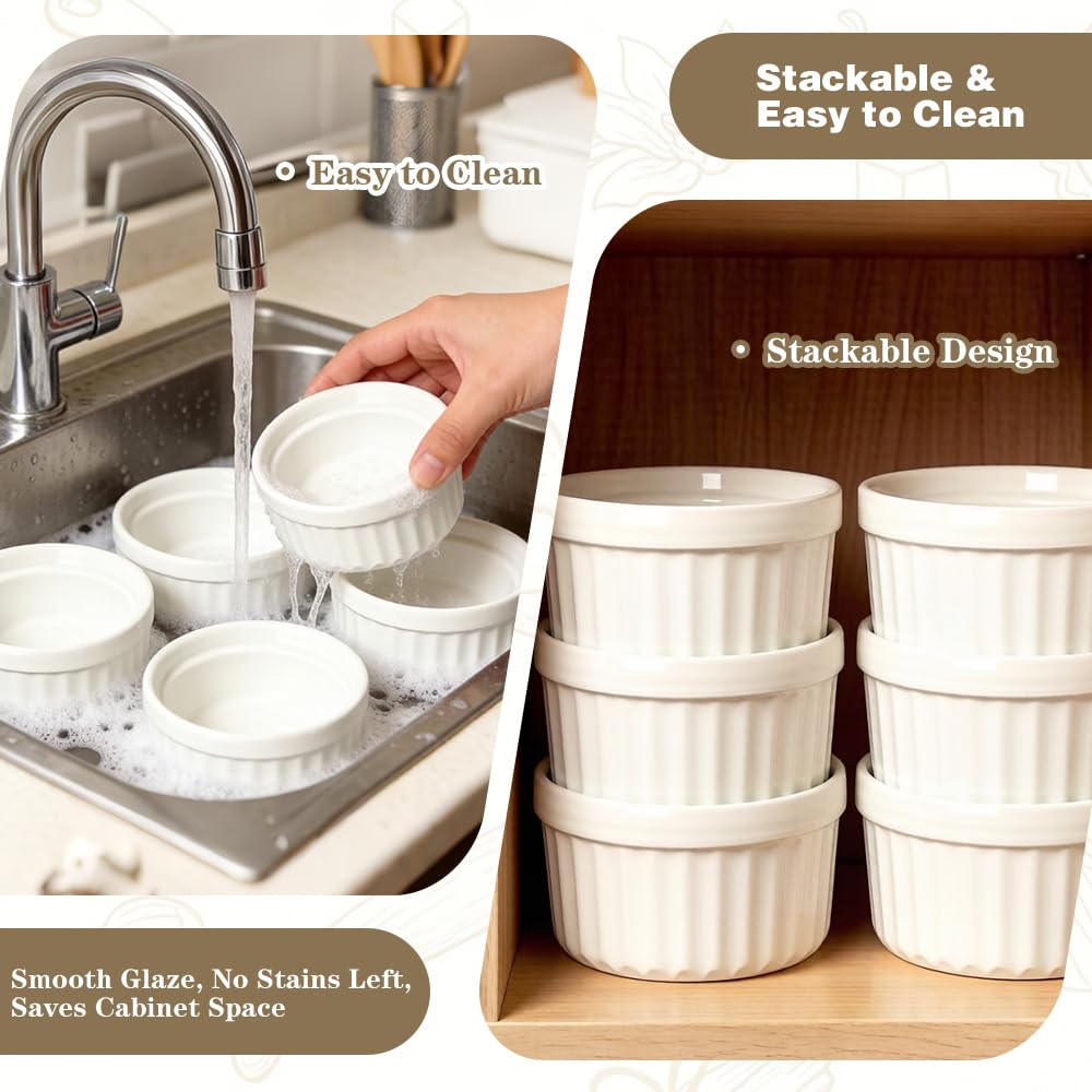 Rreme Brulee Ramekins 6OZ 8-piece Set Includes 8 Gold-Colored Stainless Steel Spoons,Ramekins Oven Safe,Suitable For Pudding Cups Dessert Cups Lce Cream Cup Reusable