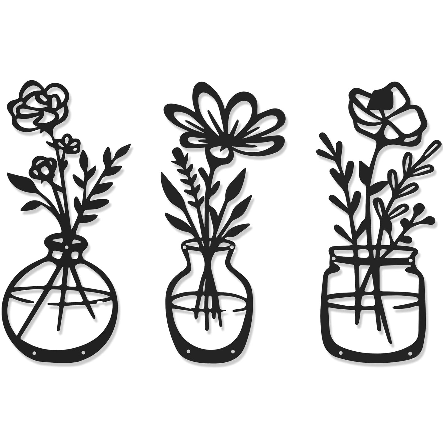 AMAATE 3Pcs Black Metal Flower Vase Wall Art Botanical Iron Farmhouse Decor
