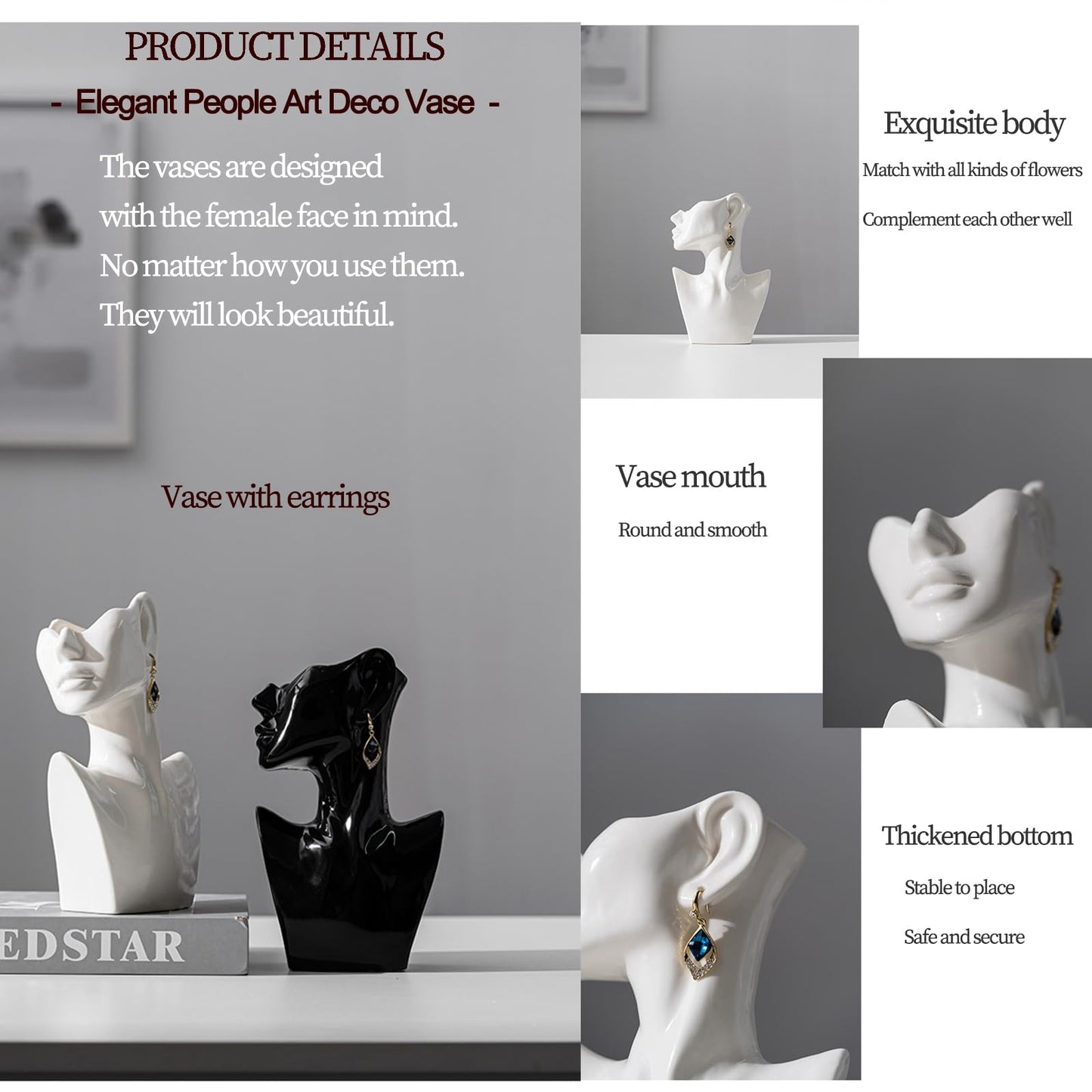 GIDARY Face Vases -White,H 9.2 Inch,with Earrings Art Ceramic vase,for Flowers Ceramics Statue Flower Vase,Female Modern Cool Vases,for Office Dining Table Home Ornaments