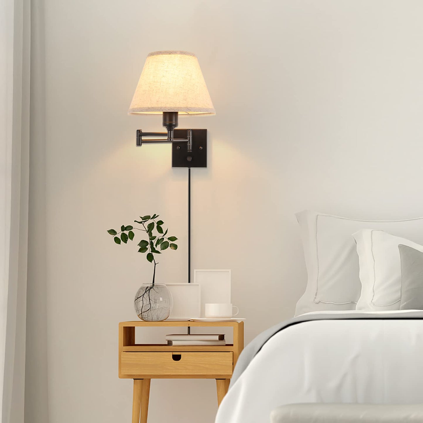 TRLIFE Wall Sconce Plug in, Dimmable Wall Sconces Set of Two Swing Arm Wall Lights with Plug in Cord and On/Off Dimmer Rotary Switch, 9.4" Medium Beige Fabric Shade(2 Pack, 2 Bulbs)