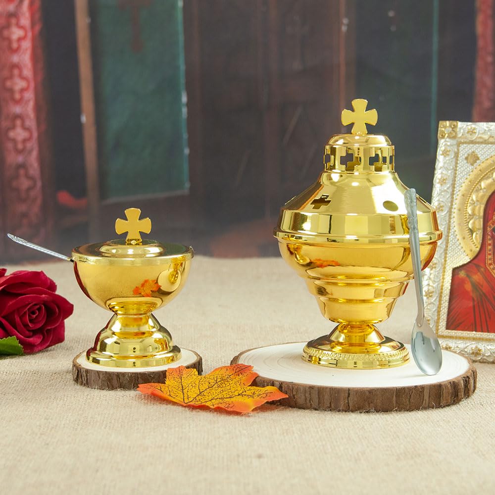 RZRHMUHN Orthodox Church Mass Supplies Greek Style Incense Burner Holy Grail with Spoon Religious Gift Altar Decoration (Incense Burner)