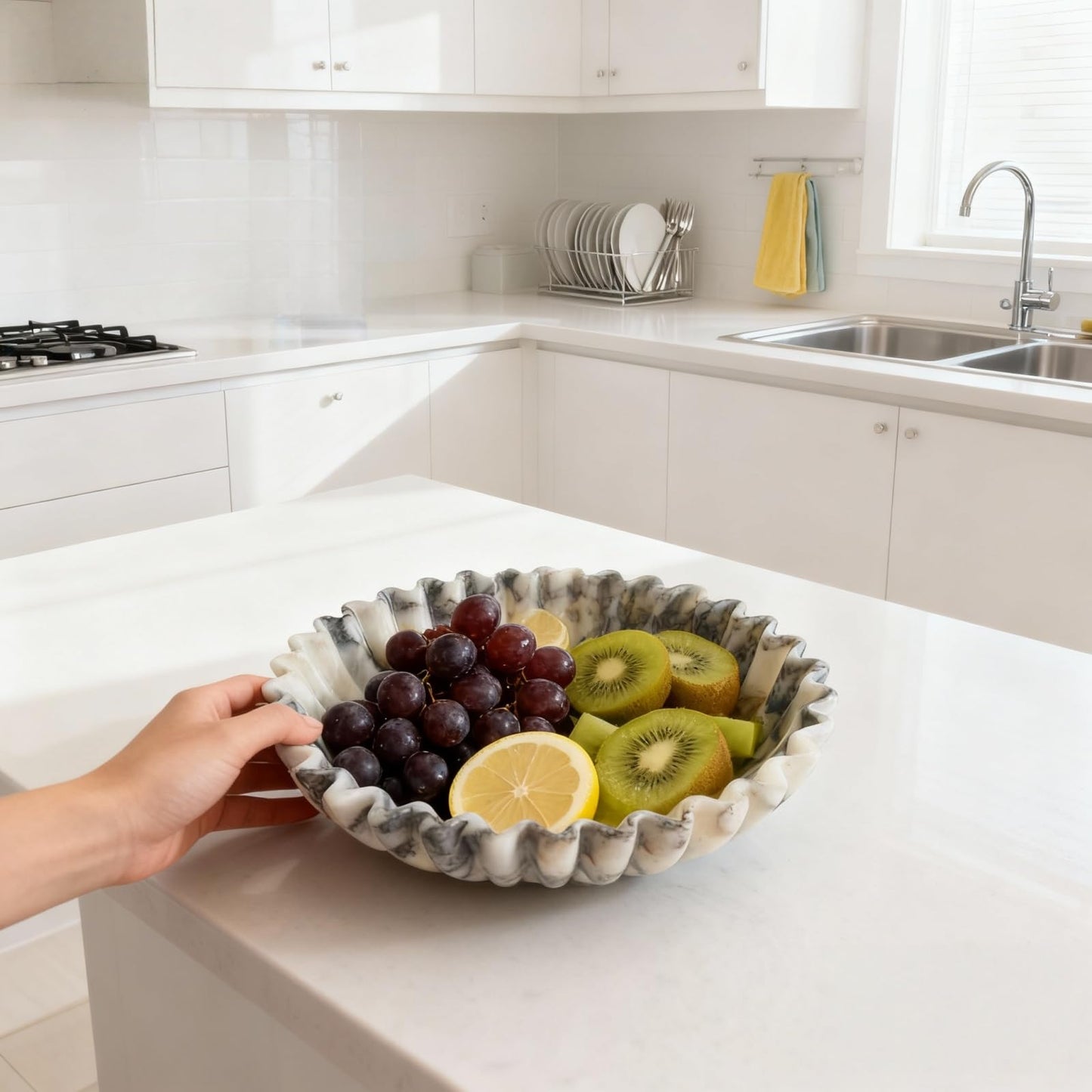 SourcTrek 10-inch Decorative Bowl - Handmade Natural Marble, Scalloped & Ruffled Edge, Fruit Bowl, Key Holder, Centerpiece Bowl for Kitchen Counter, Entryway, Dining Table (Calacatta Viola Violet)