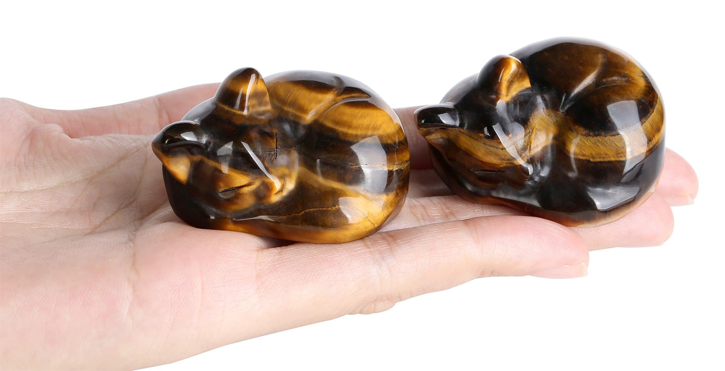 YATOJUZI 2" Cat Decors Statue Tiger's Eye Crystals Sleeping Cats Decor Hand Carved Cute Animal Statues Figurines Crystal Decor Room Home Office Desk Decorations Cat Gifts for Women