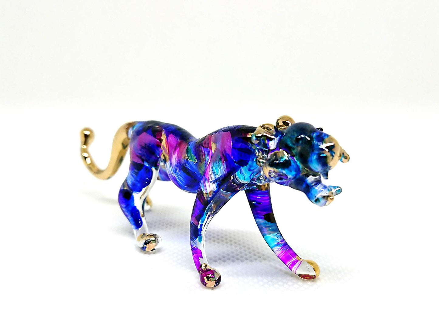 Sansukjai Tiger Miniature Figurines Hand Blown Glass Art Animals Collectible Gift Home Décor (Blue Purple)