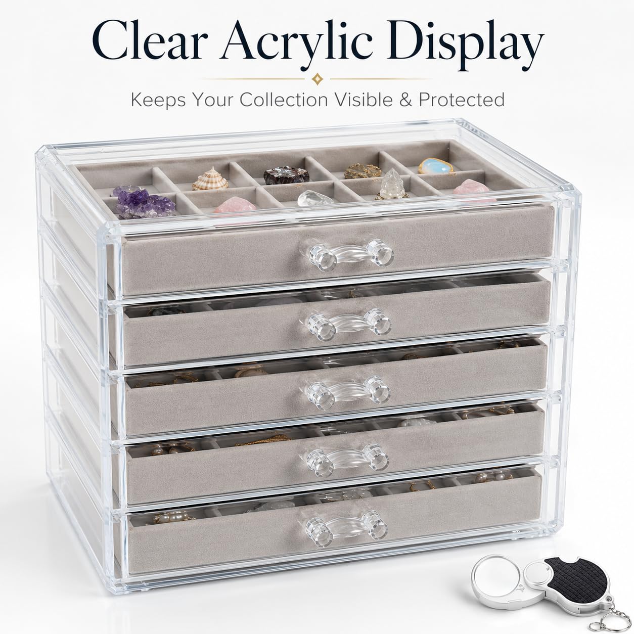 IRSTBL - Rock Collection Display Case - 90 Grid Crystal Shell Storage Box - Mineral Collection Display Cabinet with 5 Drawers