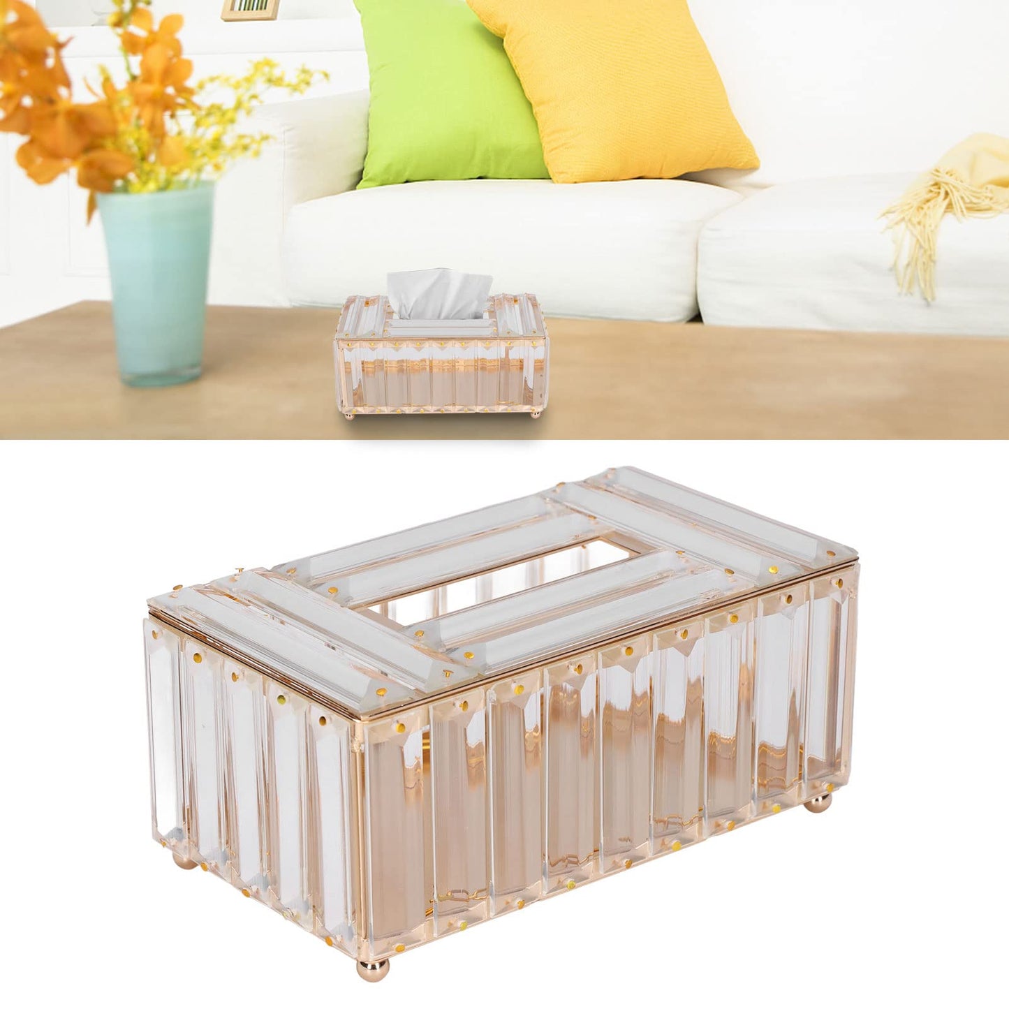 Tissue Box Cover, Gold Glass Tissue Box Holder Rectangular Tissue Case Decorative Napkin Organizer Dryer Sheet Dispenser for Bathroom Night Stand Office Car