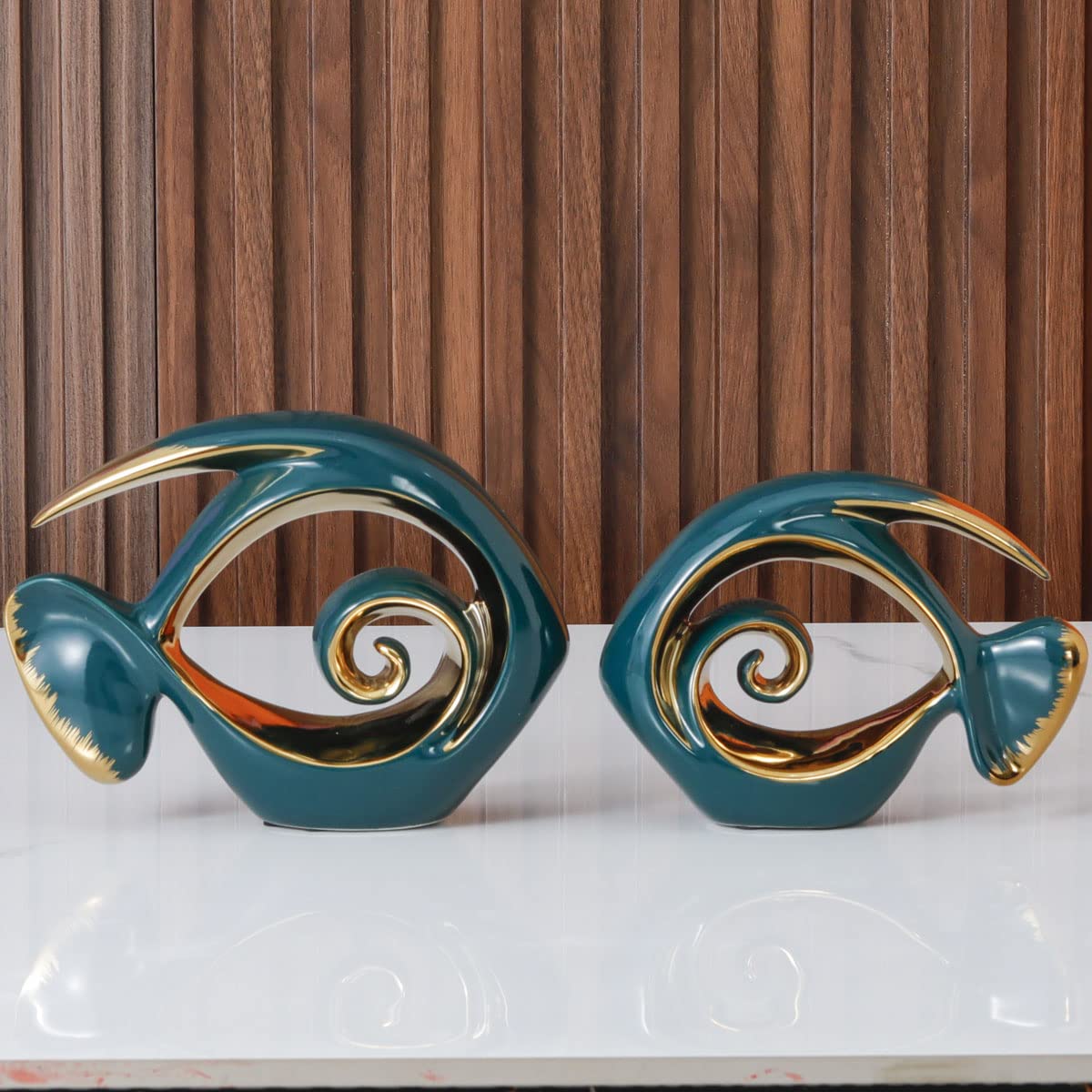 Green Gold Ceramic Fish Figurines - Coastal Home Decor, Modern Ocean Centerpieces for Living Room, Dining Area, Bathroom, Office, Coffee Table, Beach House, Nautical, Seaside, Entrance, Shelf Display