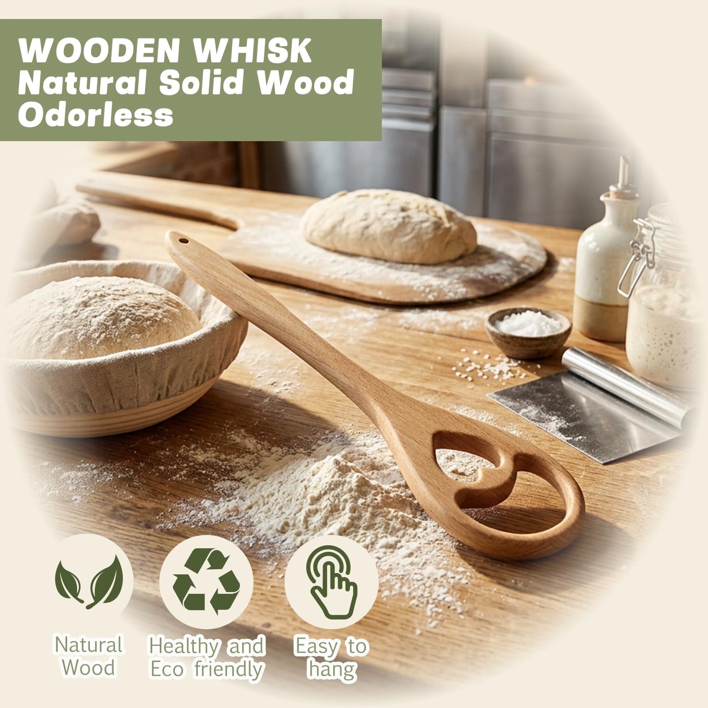 Wooden Danish Dough Whisk - 12.6" Handcrafted Dutch Bread Whisk for Batter, Pizza Dough & Baking - Upgraded One-Piece Sourdough Whisk with Flow-Through Design