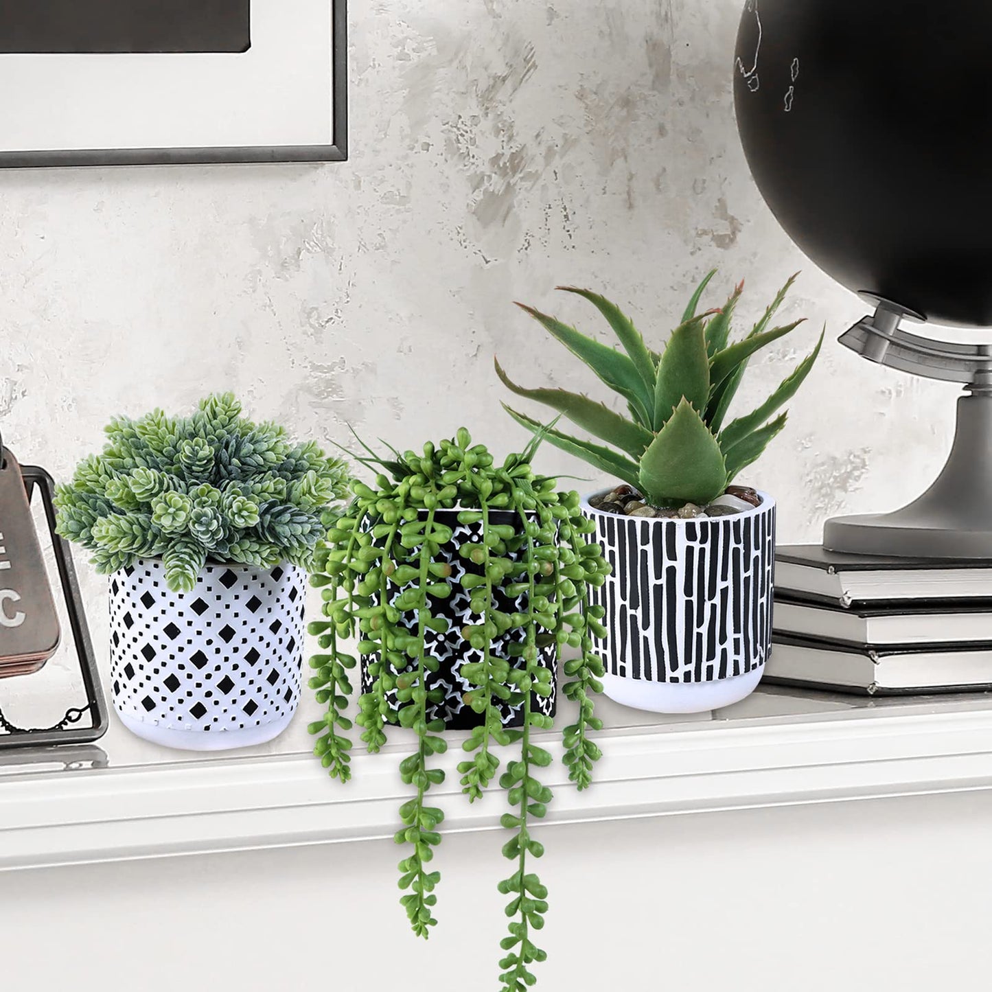Winlyn 3 Pcs Small Potted Succulents Plants Artificial Aloe Hops String of Pearls Succulents in Black and White Concrete Pots for Gifts Table Centerpiece Shelves Windowsill Indoor Outdoor Decorations