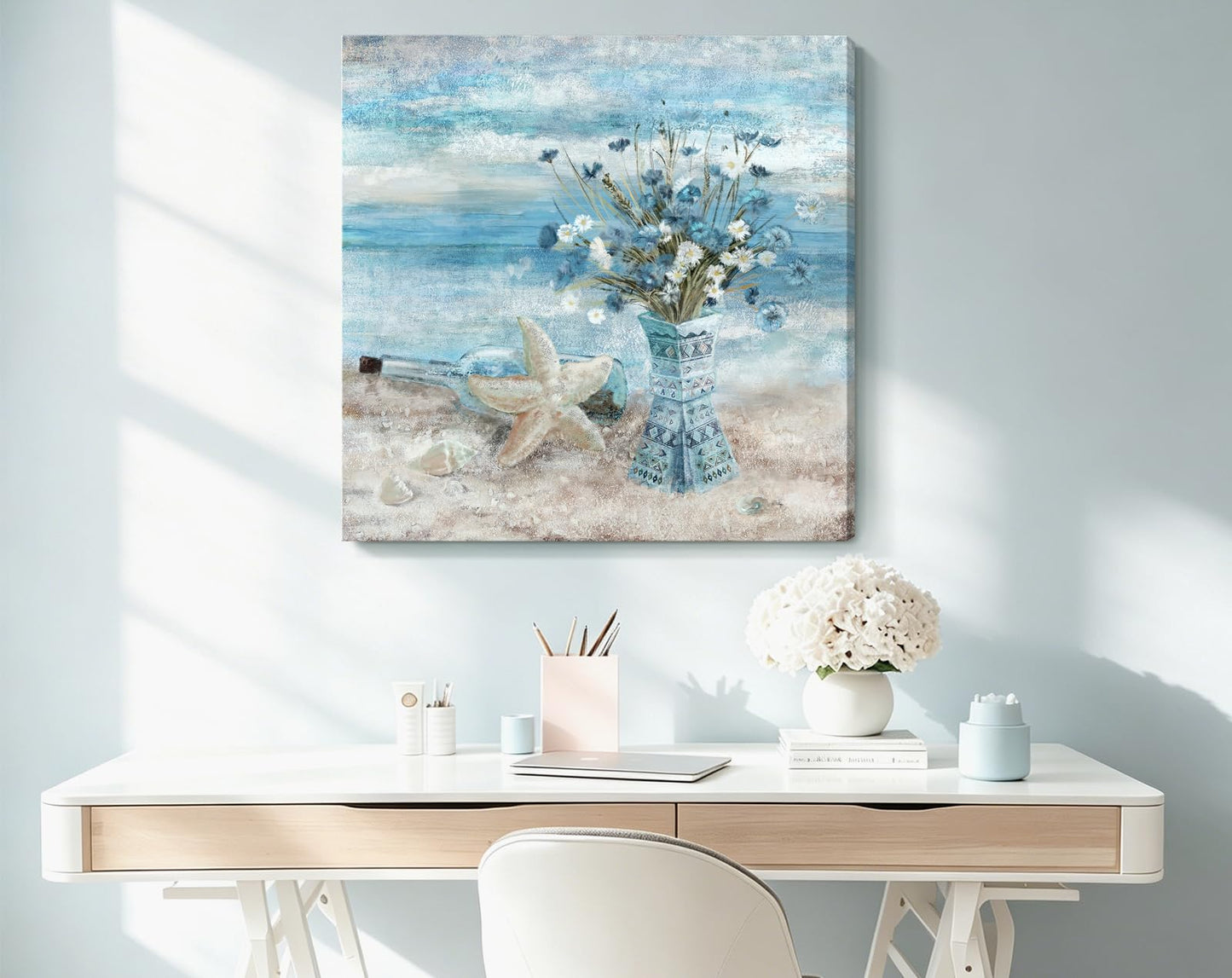 Beach Wall Art for Living Room Blue Ocean Theme Canvas Print Modern Abstract Coastal Picture Seascape Painting Daisy Flower in Indian Vase Framed Artwork for Seaside Bedroom Bathroom Office 24x24inch