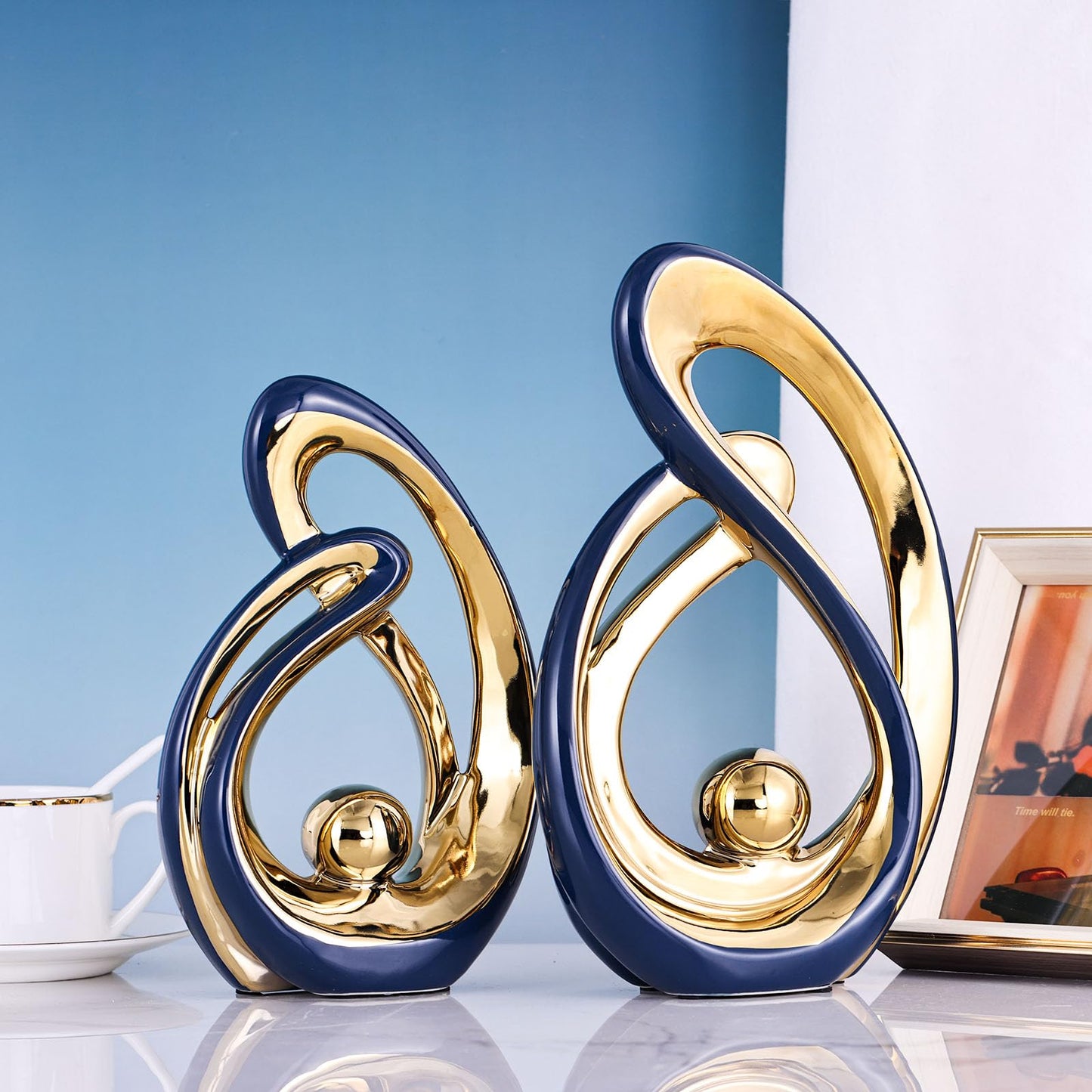 XMGZQ Home Decor Accent,Porcelain Art Mid Century Bookshelf Decorations,Gold Centerpieces for Tables,Abstract Ceramic Statue Sculpture for Coffee Table Mantel Tv Stand Centerpieces (Blue, Large)