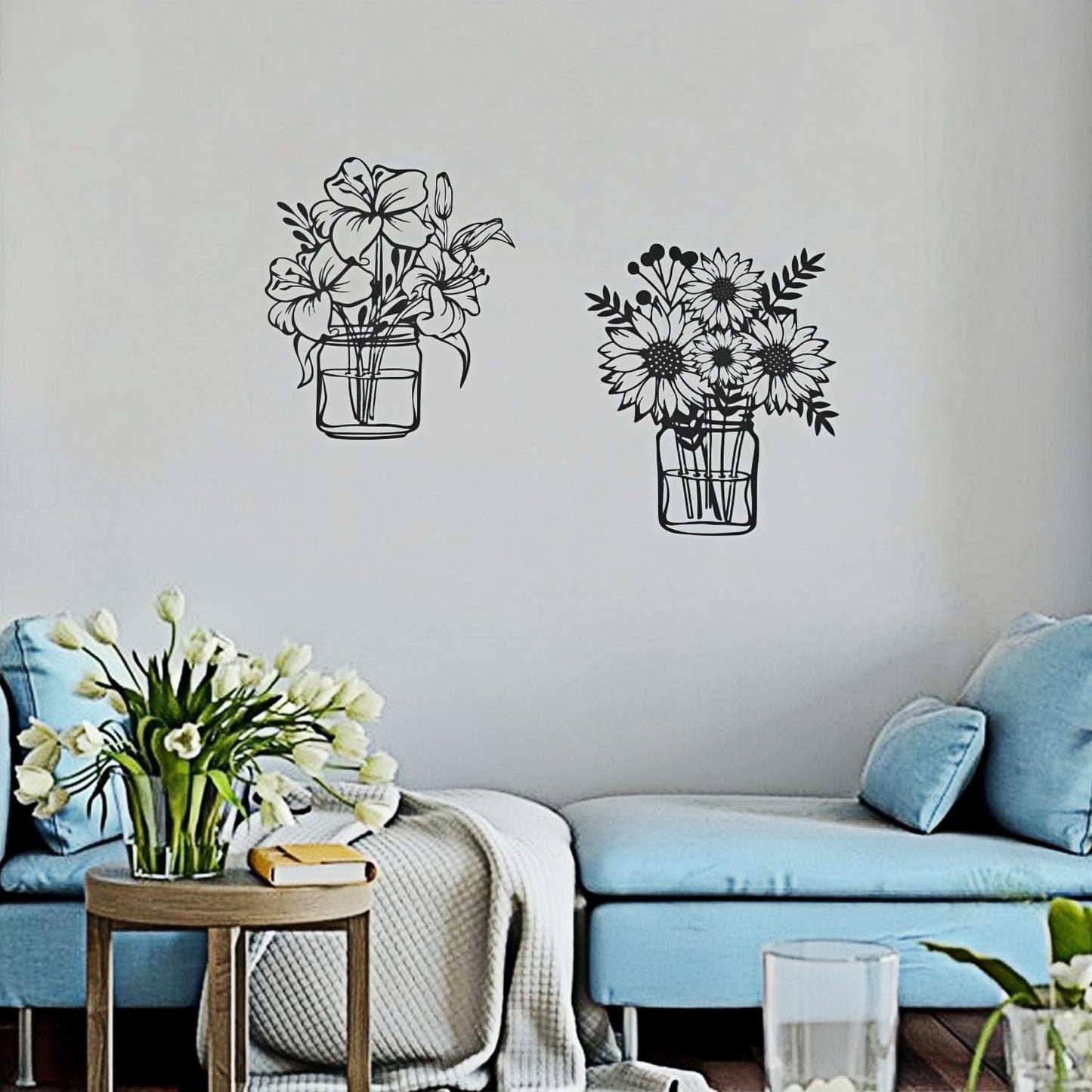 NOOYAA 2 piece of black wall decor, minimalist metal line flowers,kitchen and modern Farmhouse wall decor, indoor living room, bedroom,bathroom,children's room walls 12 * 10.4 inch