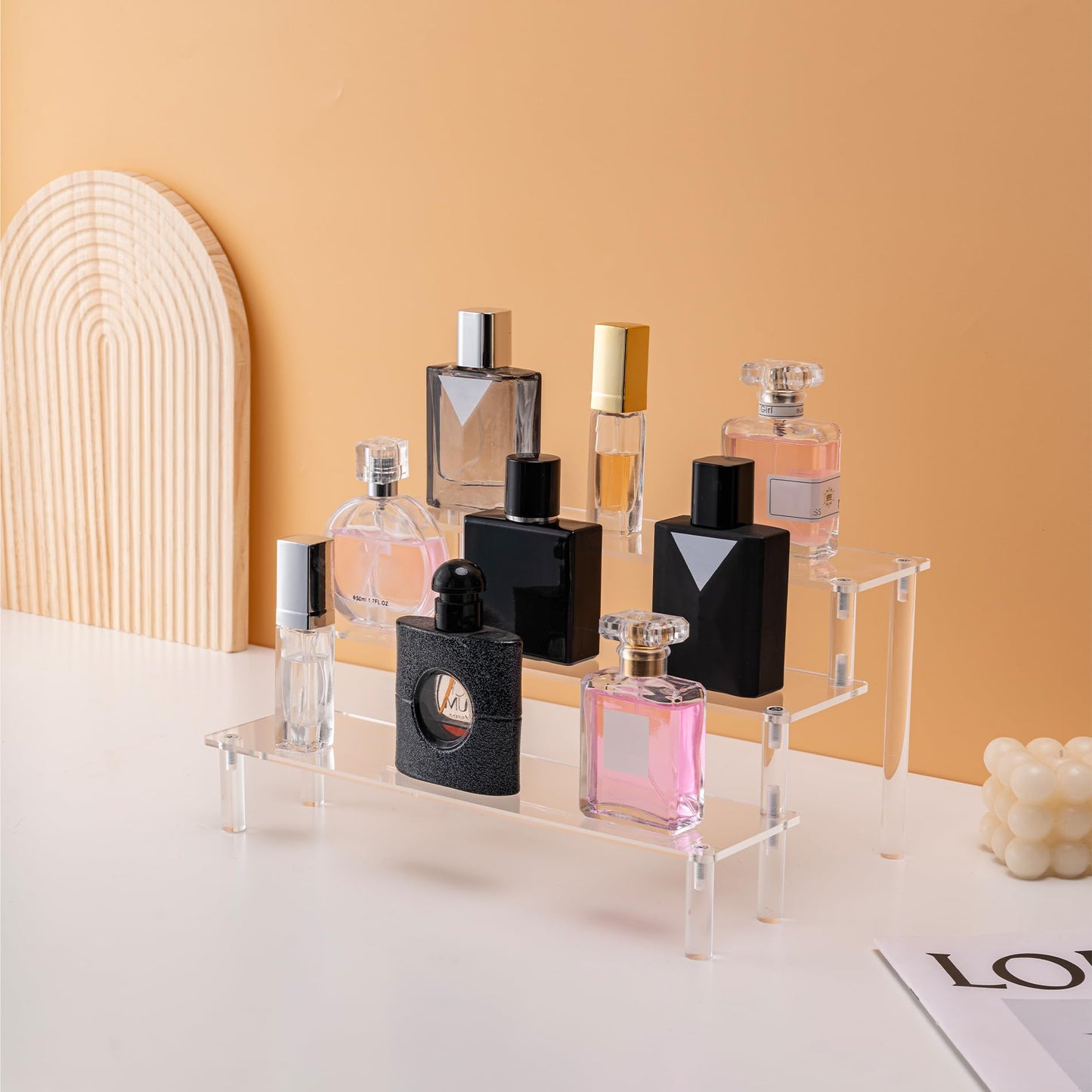 Hoewina 2PCS Acrylic Risers Display Stands, 3 Tier Perfume Organizer Display Shelf & Versatile Cupcake Stand Holder, Display Risers for Figures, Dessert Shelves for Party for Decoration and Organizer