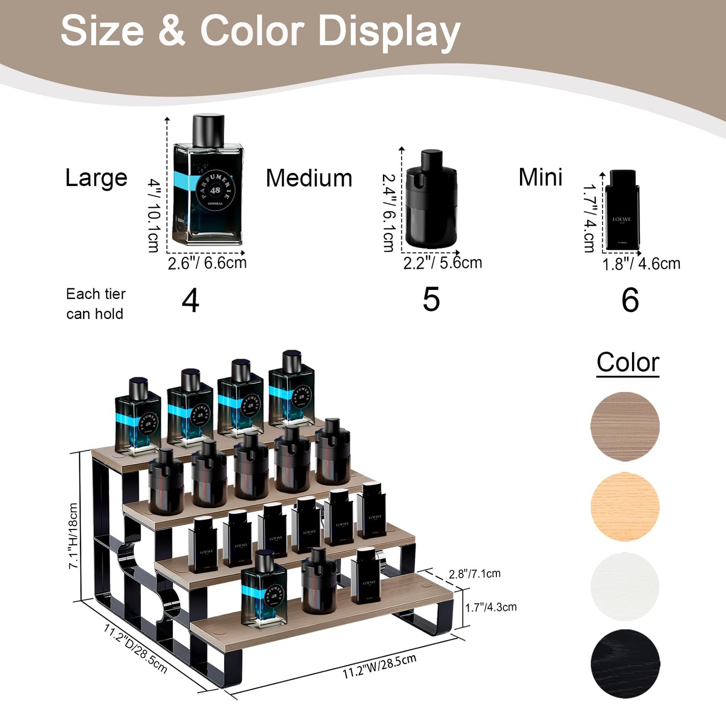 USHARP 4 Tier Cologne Organizer for Men, Wooden Perfume Organizer Stand, Waterproof Display Shelf Rack for Dresser, Vanity, Figures, Cupcake, Dessert Table(Walnut,Width=11.2")