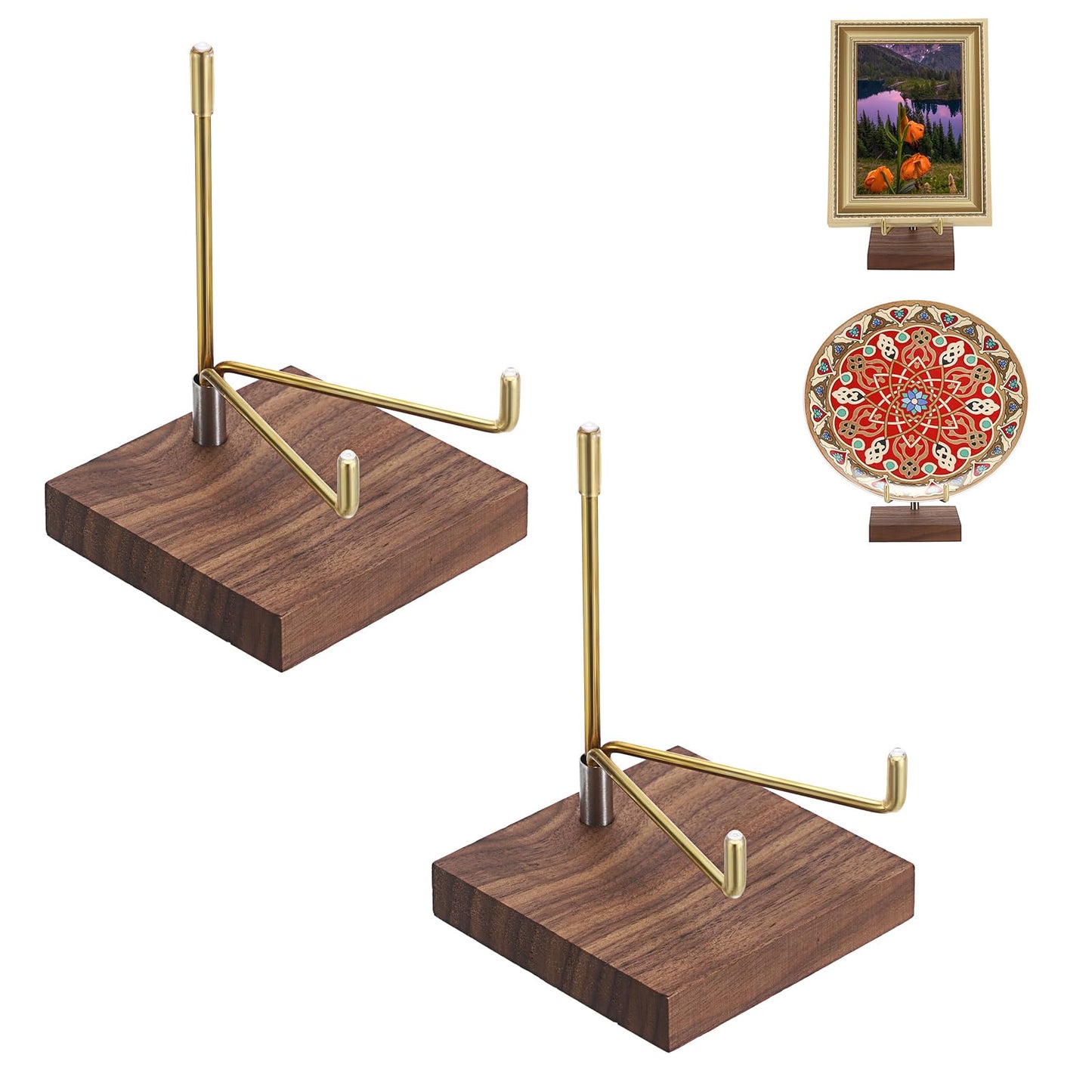 Hipiwe 2Pcs Adjustable Metal Arms Display Stand with Wooden Base Rock Display Stand Easel Decorative Plates Display Easel Holder for Gemstones Fossils Minerals Agate Plates Collectibles, 3.1"x3.1"