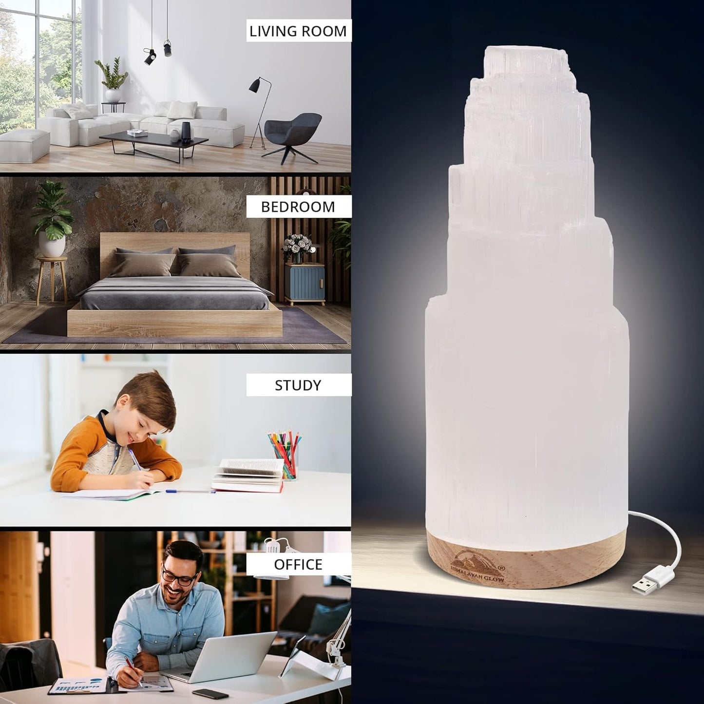 Himalayan Glow Selenite Crystal Lamp 20cm, Moroccan (ETL Certified) Tower Lamp with Wooden Base & USB Charging Cable, Anxiety Relief Healing Crystals for Home Decor