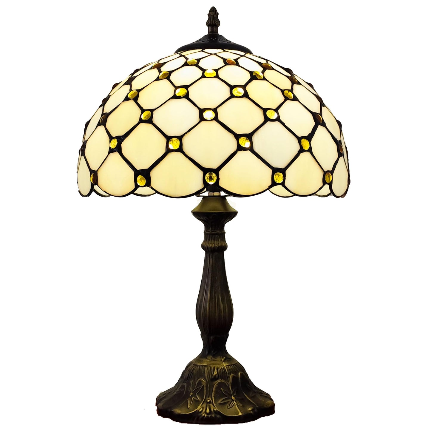 XPHMXP Tiffany Lamp Stained Glass Table Lamp - Antique Bedside Desk Reading Light With 3-Way Color LED - Living Room Nightstand 12X12X19 Inches - Home Office Desk Lamp - Cream White Pearls Style