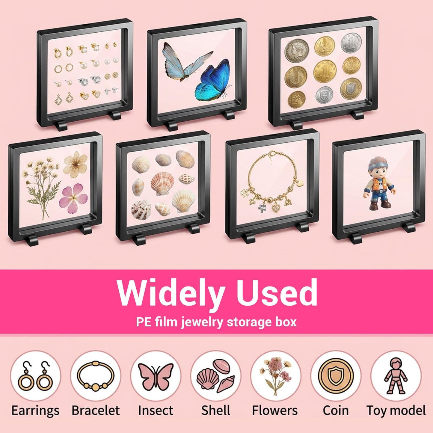 10 Pack Large 3D Floating Display Case Floating Frame Display Holder Stand Challenge Coin Jewelry Frame Box ffor Badges, Challenge Coins, Jewelry, Shells, Gems, Minerals, Pins(Black, 7 x 7 x 0.8 Inch)