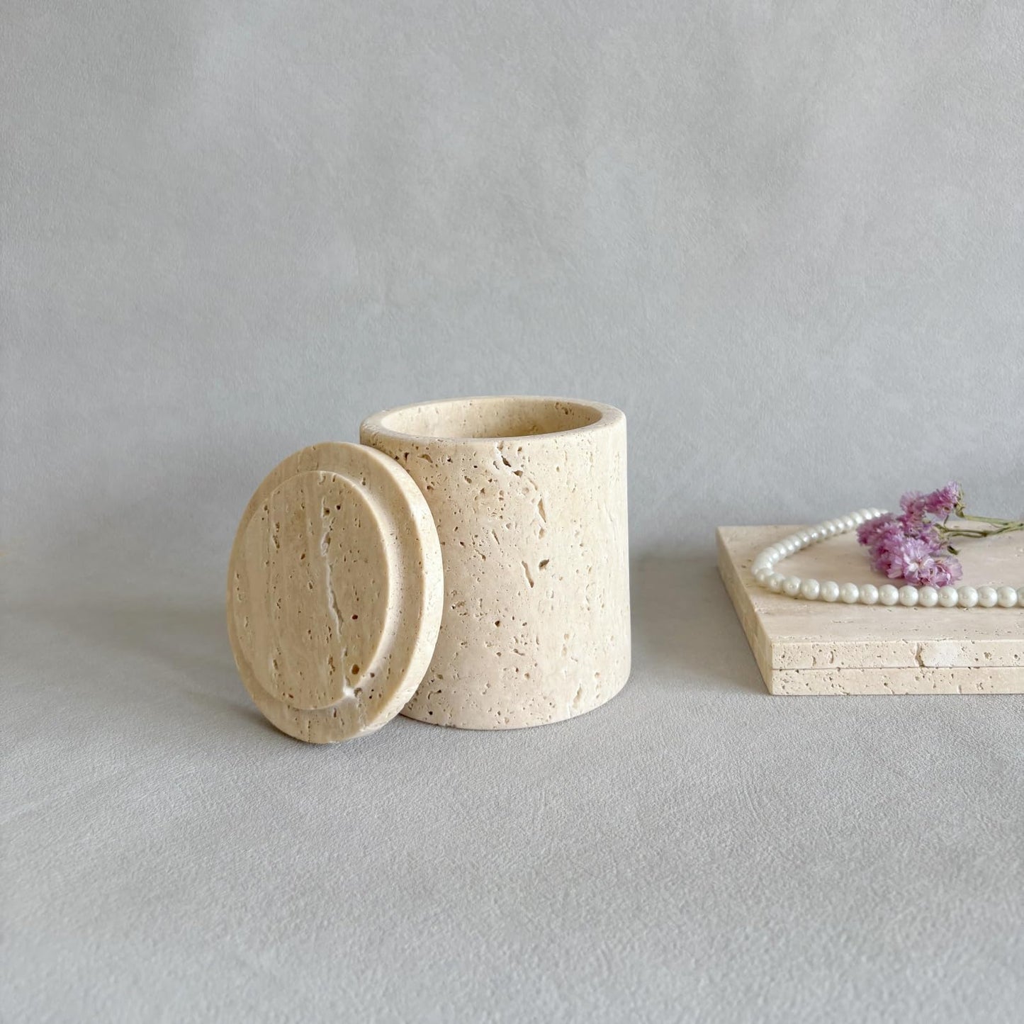 StonePlus Natural Marble Stone Travertine Jar Container Storage Box Cup with Lid (Beige Travertine)