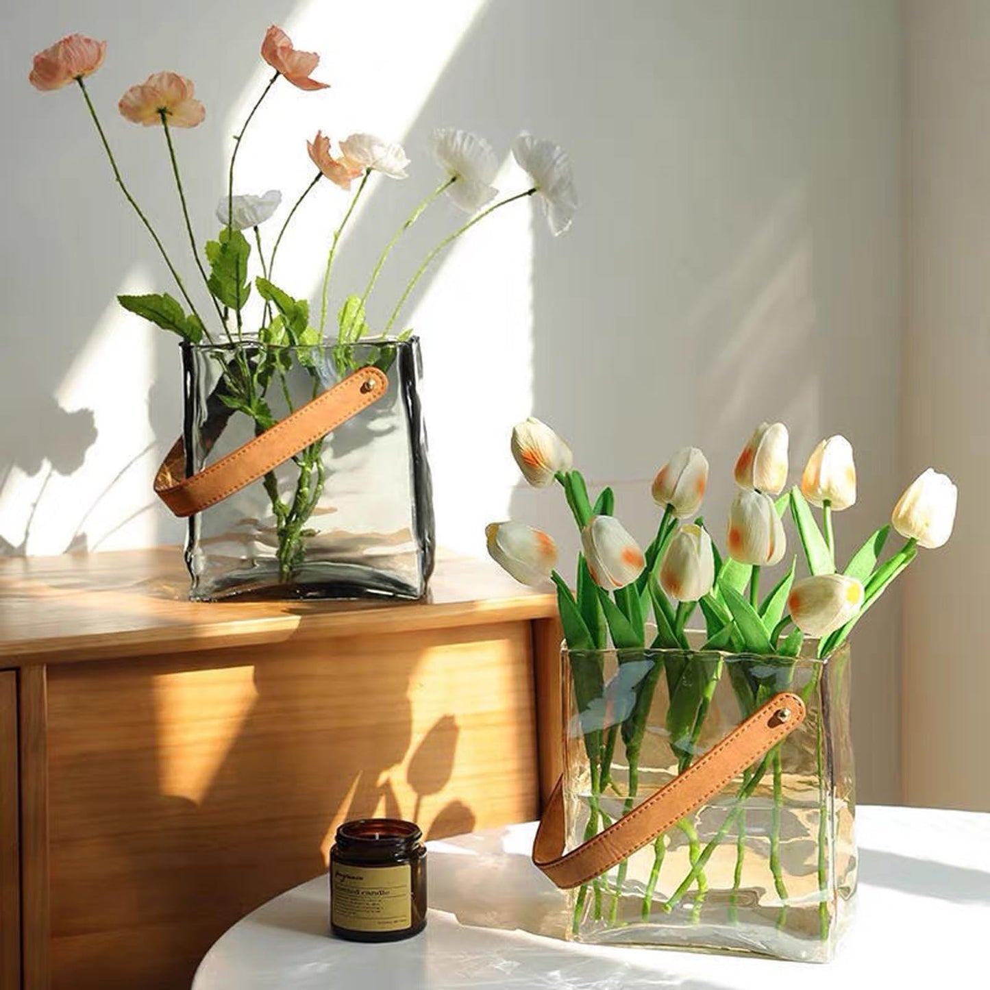 Handmade Leather - Handle Handbag - Style Glass Vase - Simple Elegance for Your Space(Amber)