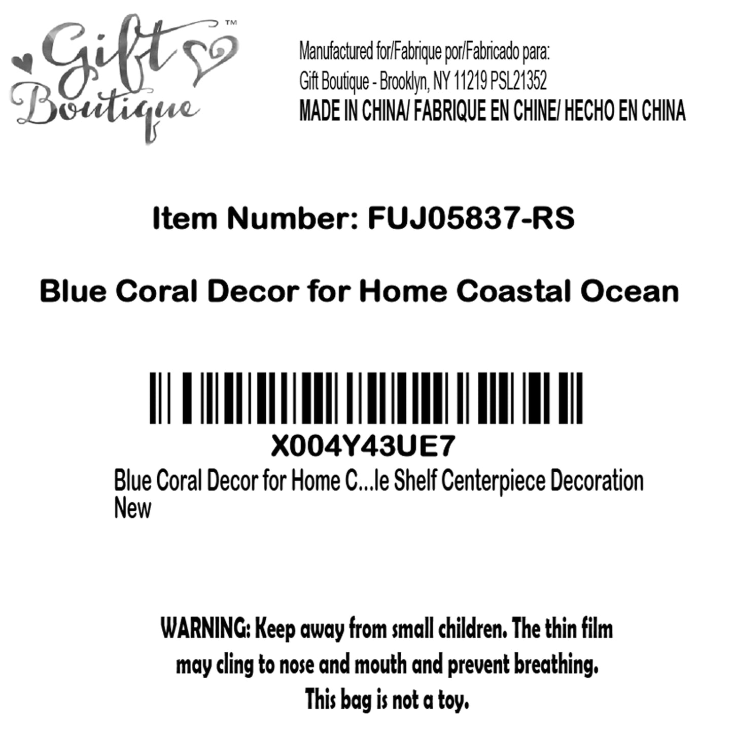 Gift Boutique Blue Coral Decor Coastal Tabletop Sculpture Nautical Beach House Accent Resin Ocean Reef Figurine Shelf Mantel Bathroom Living Room Decor